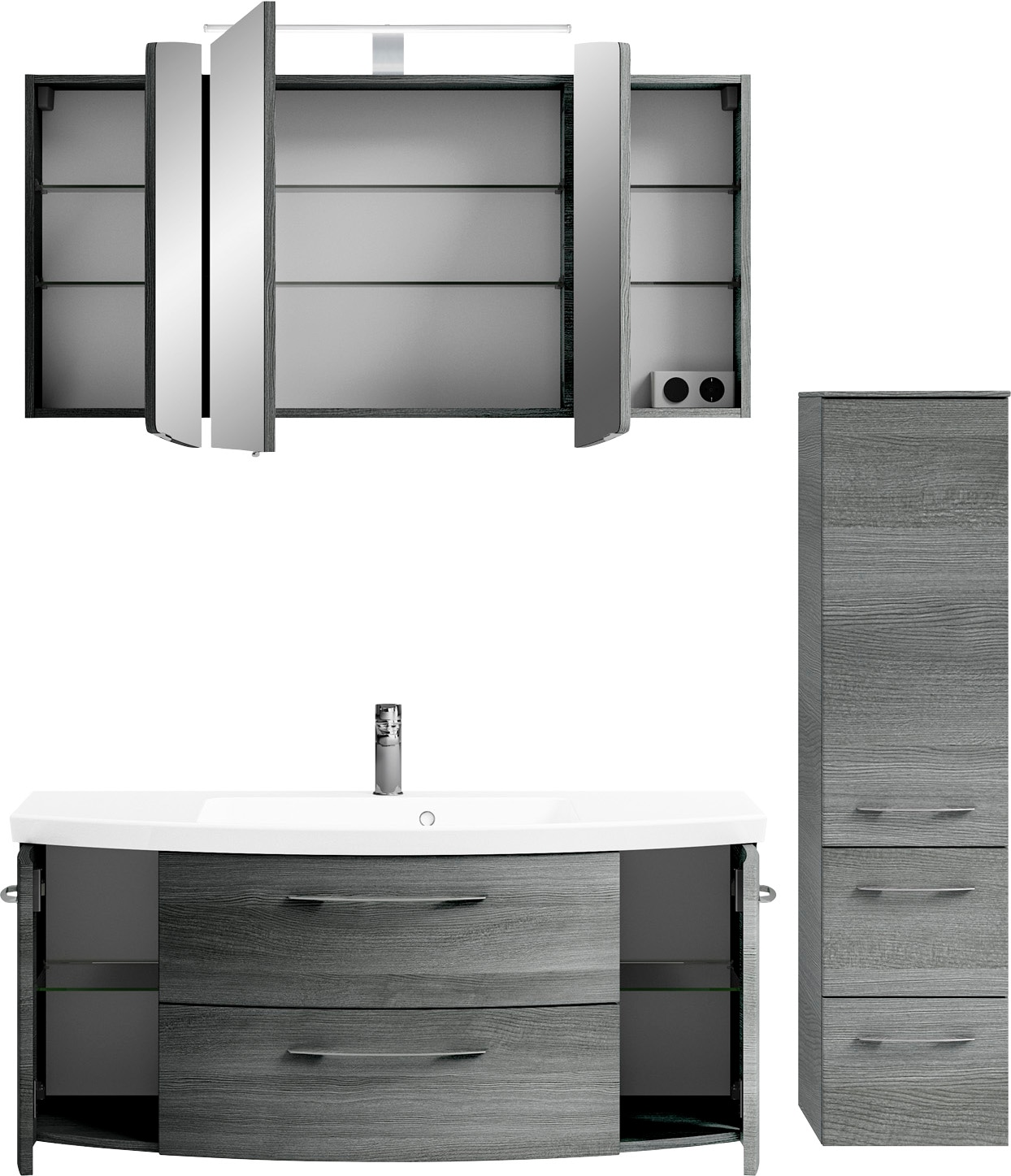 Saphir Badmöbel-Set »Cassca Sprint 3-teilig Mineralmarmor-Waschtisch mit LED-Spiegelschrank«, (4 St.), mit Midischrank, inkl. Türdämpfer, 6 Türen, 4 Türen