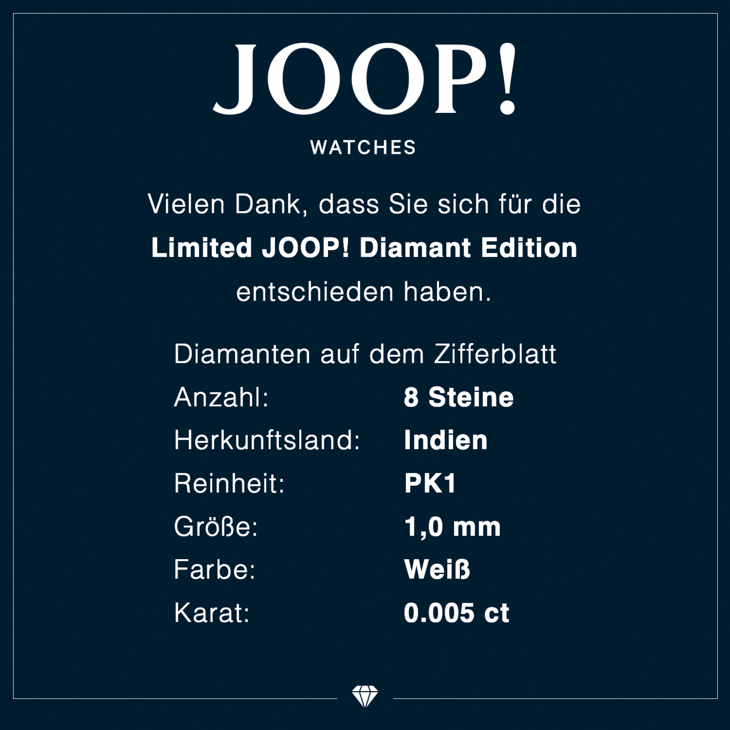 JOOP! Quarzuhr, Armbanduhr, Damenuhr, Edelstahlarmband, analog, Diamant