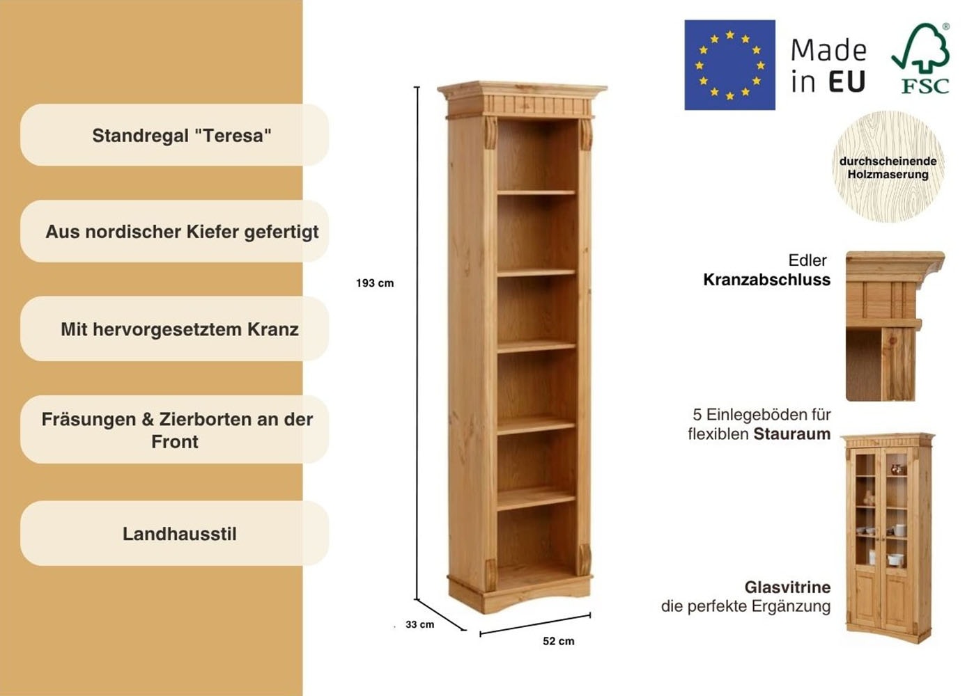 Home affaire Standregal »Teresa«, (Maße (B/T/H): 52/33/193 cm), Höhe 193 cm, aus massiver Kiefer, FSC®