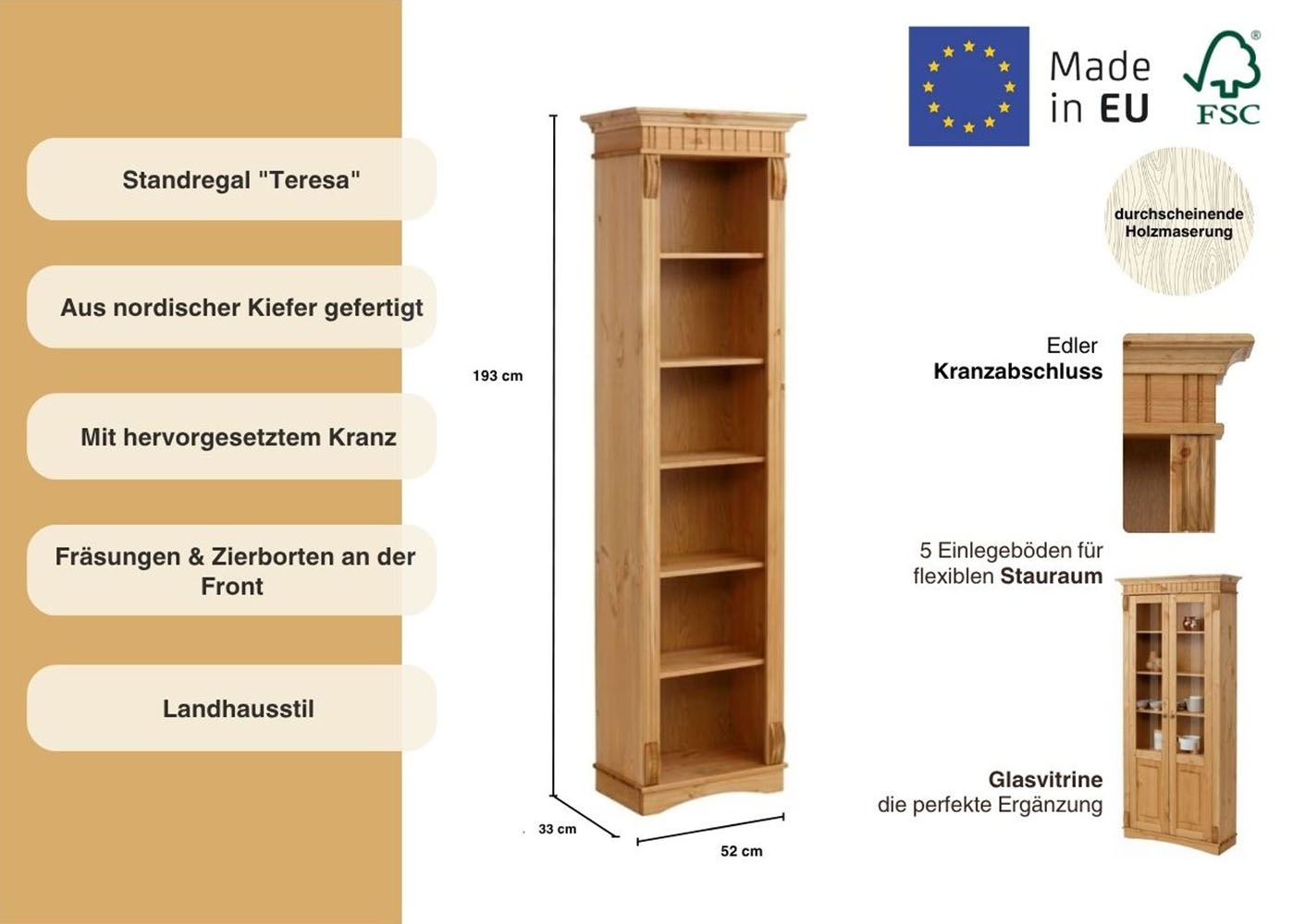 Thumbnail - Home affaire Standregal "Teresa", (Maße (B/T/H): 52/33/193 cm), Höhe 193 cm, aus massiver Kiefer, FSC
