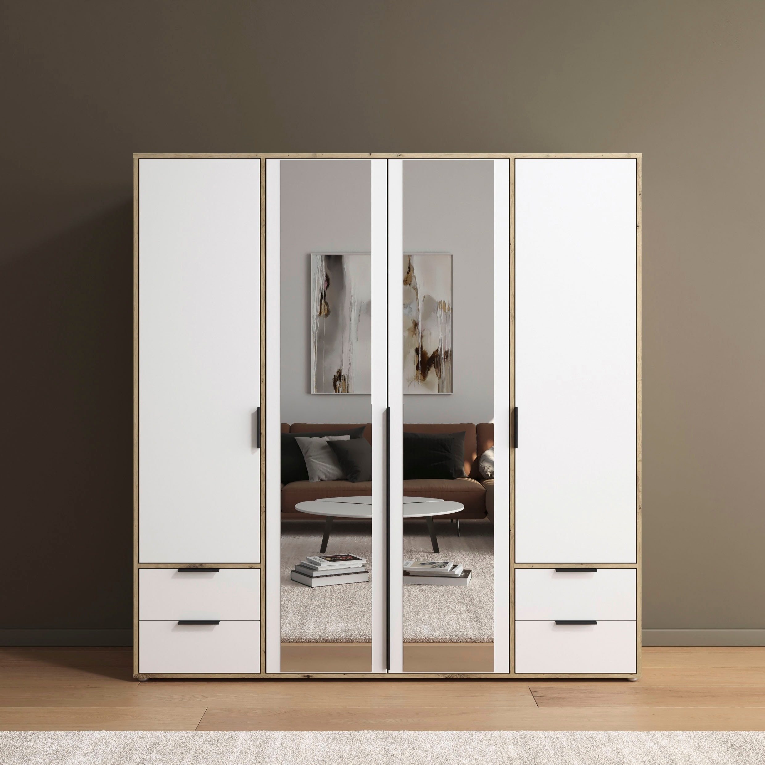 rauch "Kleiderschrank Schrank Garderobe Wäscheschrank NAGATA mit Spiegel" in 3 verschiedenen Ausstattungen BASIC/CLASSIC/PREMIUM, und Schubladen sowie Stangengriffen TOPSELLER MADE IN GERMANY