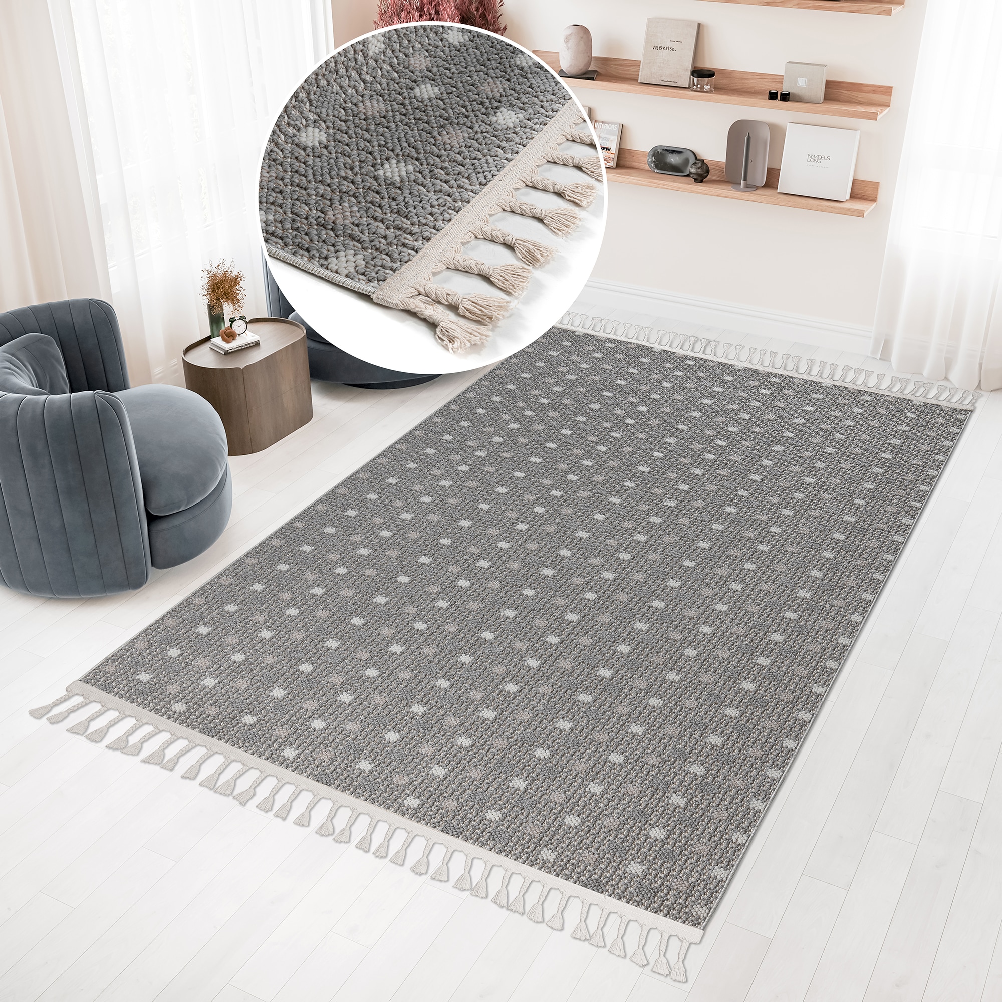 Bruno Banani Teppich »Dotty«, rechteckig, 6 mm Höhe, Woll-Optik, Hoch-Tief Struktur, In- und Outdoor geeignet, mit Fransen