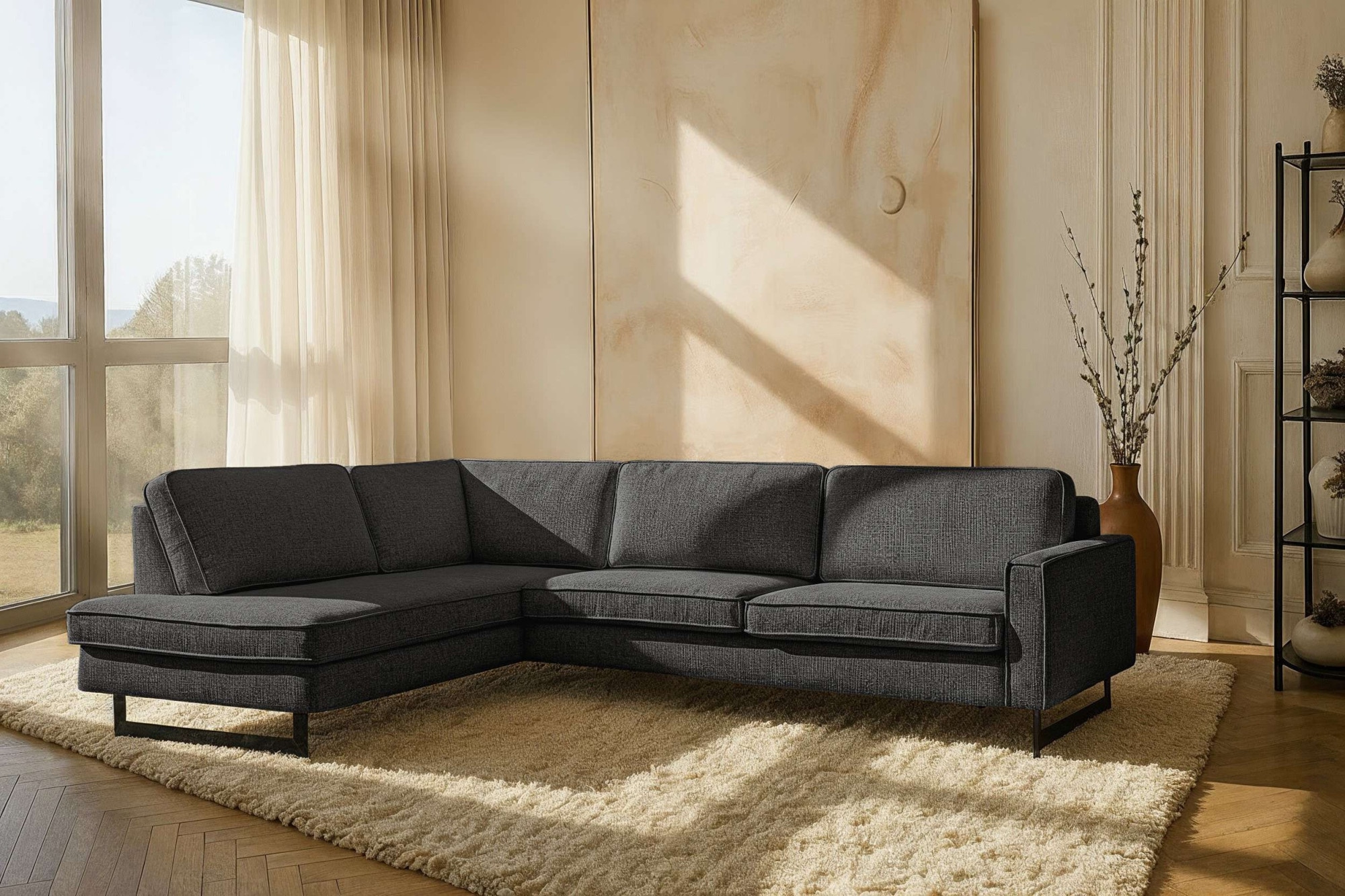 OTTO home Ecksofa "Pinto, 290 cm, Cord, Chenille, Lederoptik, Ottomane links / rechts" mit Keder, schwarze Metallfüße, Wellenunterfederung
