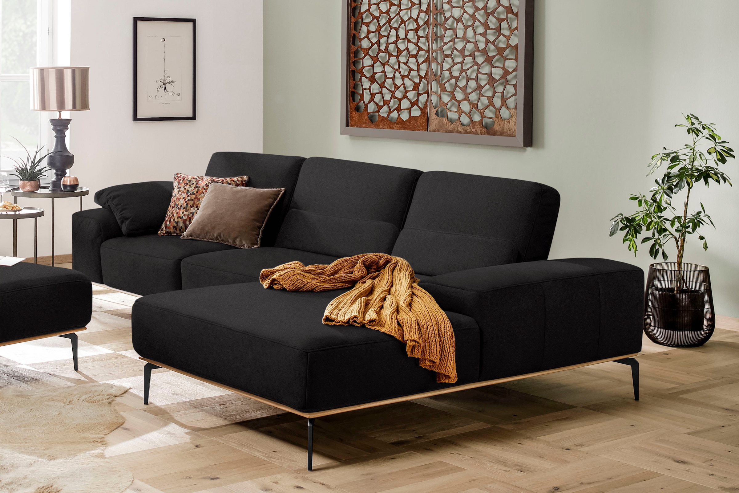 Ecksofa W.SCHILLIG "run, Designsofa mit tollem Sitzkomfort, bequem, L-Form", schwarz (midnight w82), B:319cm H:88cm T:178cm, Longlife Xtra-Leder Z73: Naturwalkleder der Luxusklasse aus den erlesensten Rohhäuten. Hautstärke 1, 1 – 1, 3 mm;ROHLEDER Jacquard 10