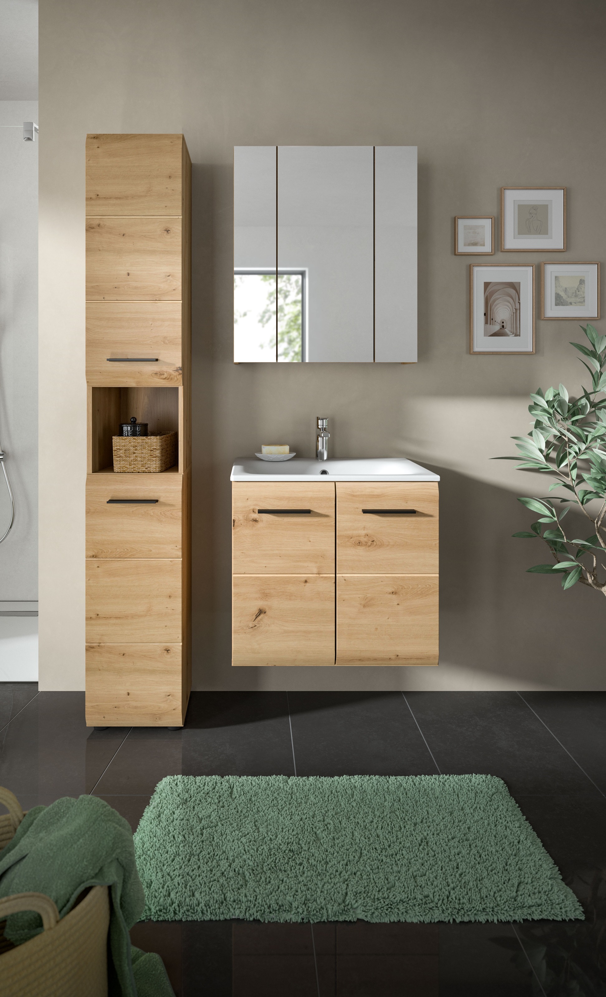INOSIGN Badezimmer-Set, (Set, 4 St.), Florenz, Badkombination 4-tlg., Artisan Oak NB, inkl. Waschbecken
