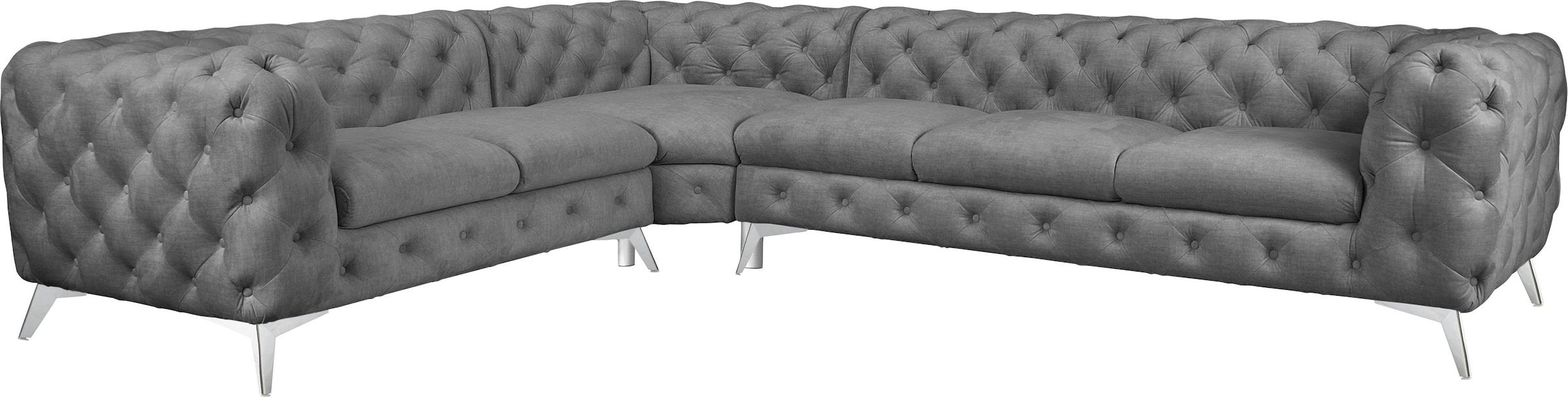 Leonique Chesterfield-Sofa »Ecksofa GLYNIS L-Form mit Wellenunterfederung, Maße B/T/H 323/264/75cm«, aufwändige Knopfheftung, moderne Chesterfield Optik, Fußfarbe wählbar