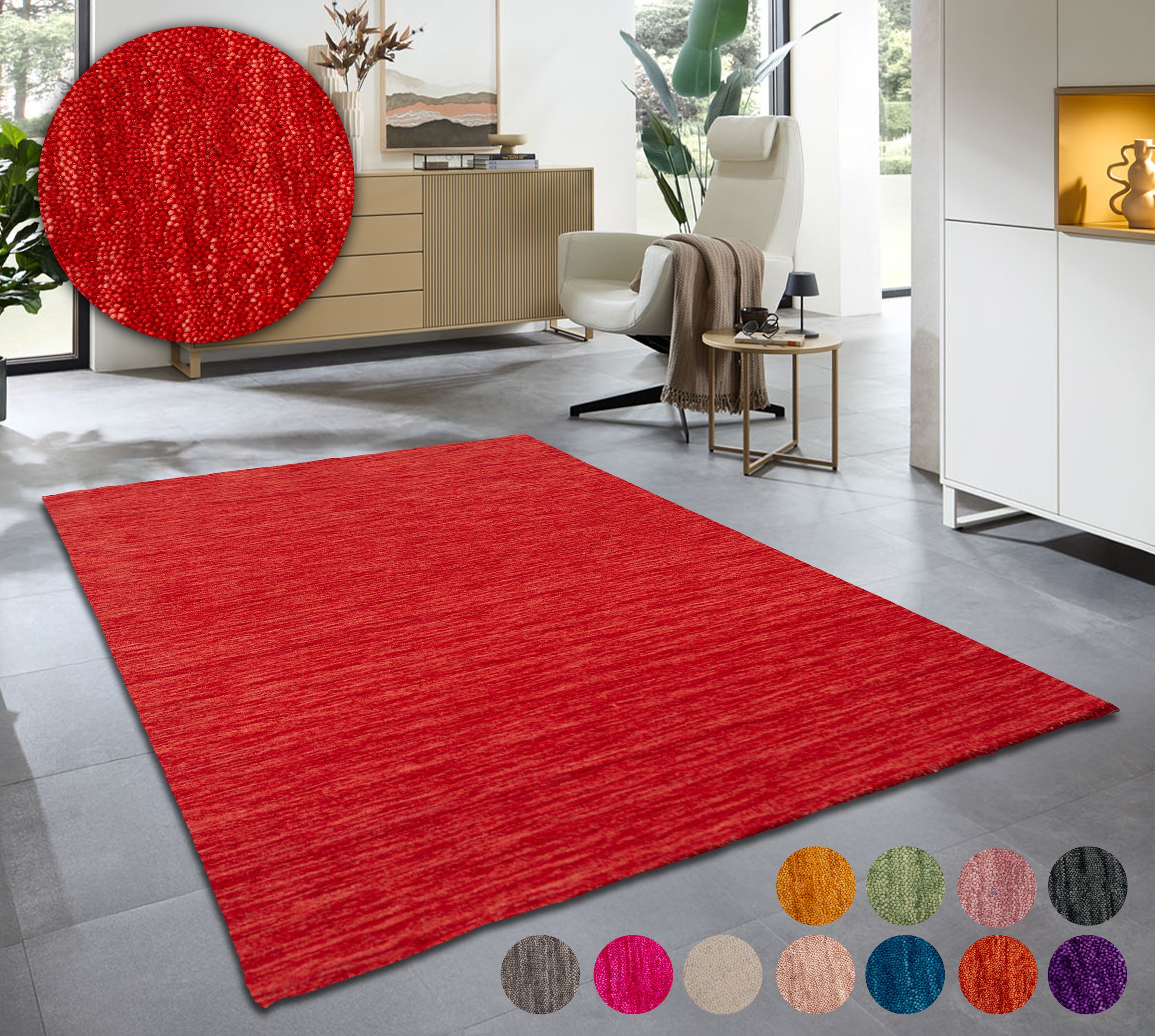 Wollteppich THEKO "Holi", rot, B:60cm H:13mm L:90cm, Schurwolle, Teppiche, Uni-Farben, leicht meliert, reine Wolle, handgewebt mit Knüpfoptik