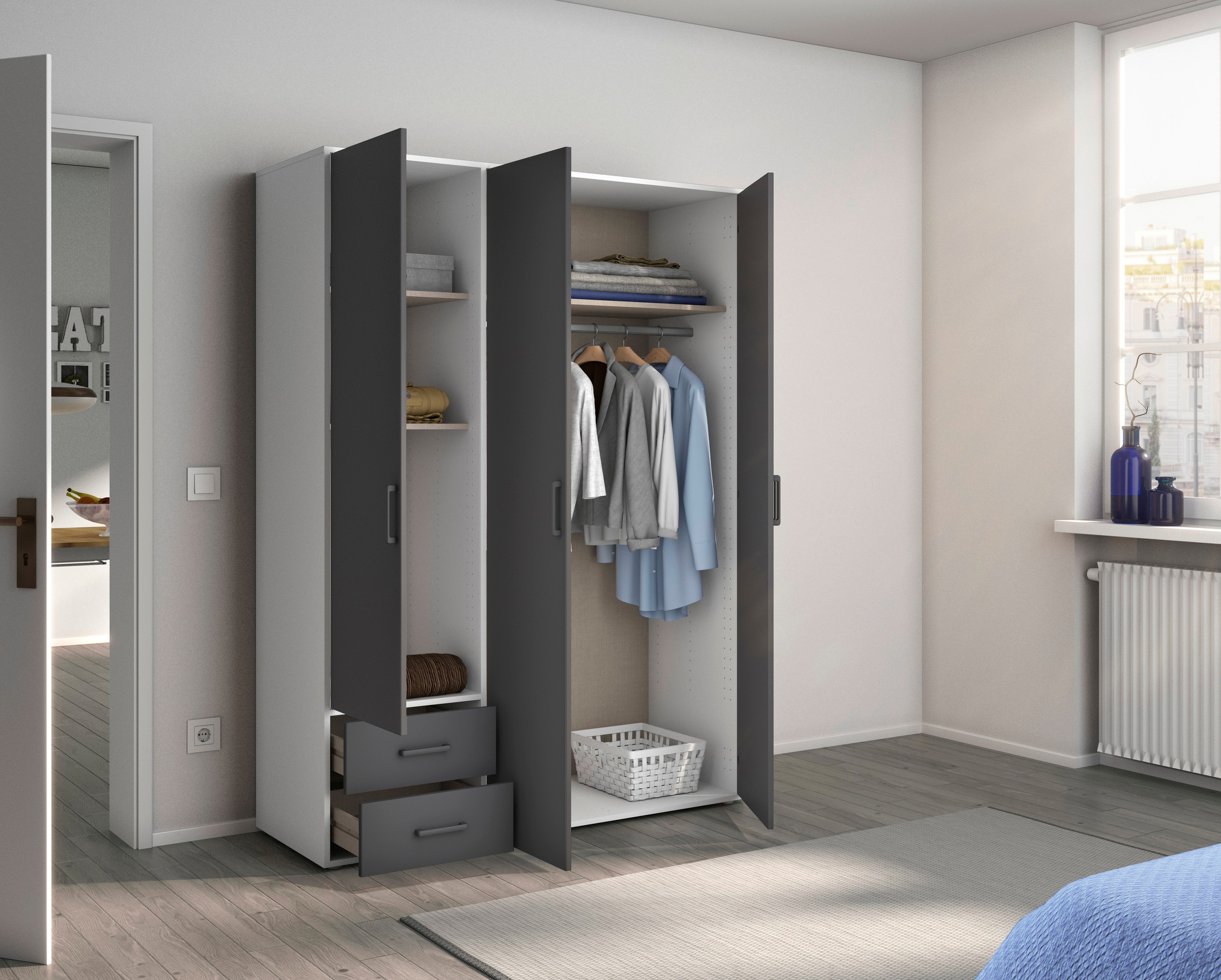 rauch Drehtürenschrank »Kleiderschrank Schrank Garderobe Wäscheschrank VOYAGER«, (in 3 verschiedenen Ausstattungen BASIC/CLASSIC/PREMIUM), moderne Griffe in Graumetallic mit Außenschubkästen MADE IN GERMANY