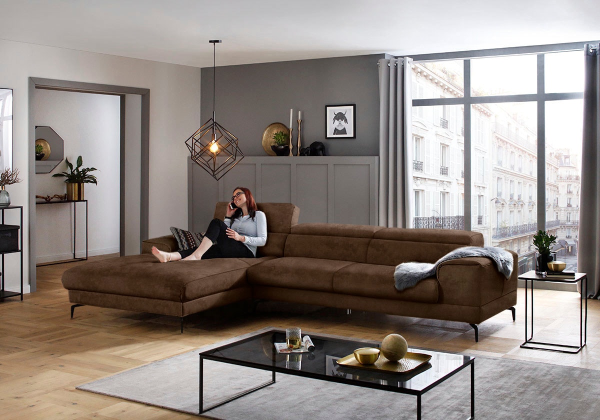 W.SCHILLIG Ecksofa »piedroo, Designsofa mit tollem Sitzkomfort, bequem, L-Form«, Kopfteilverstellung, wahlweise mit Sitztiefenverstellung, Breite 343cm