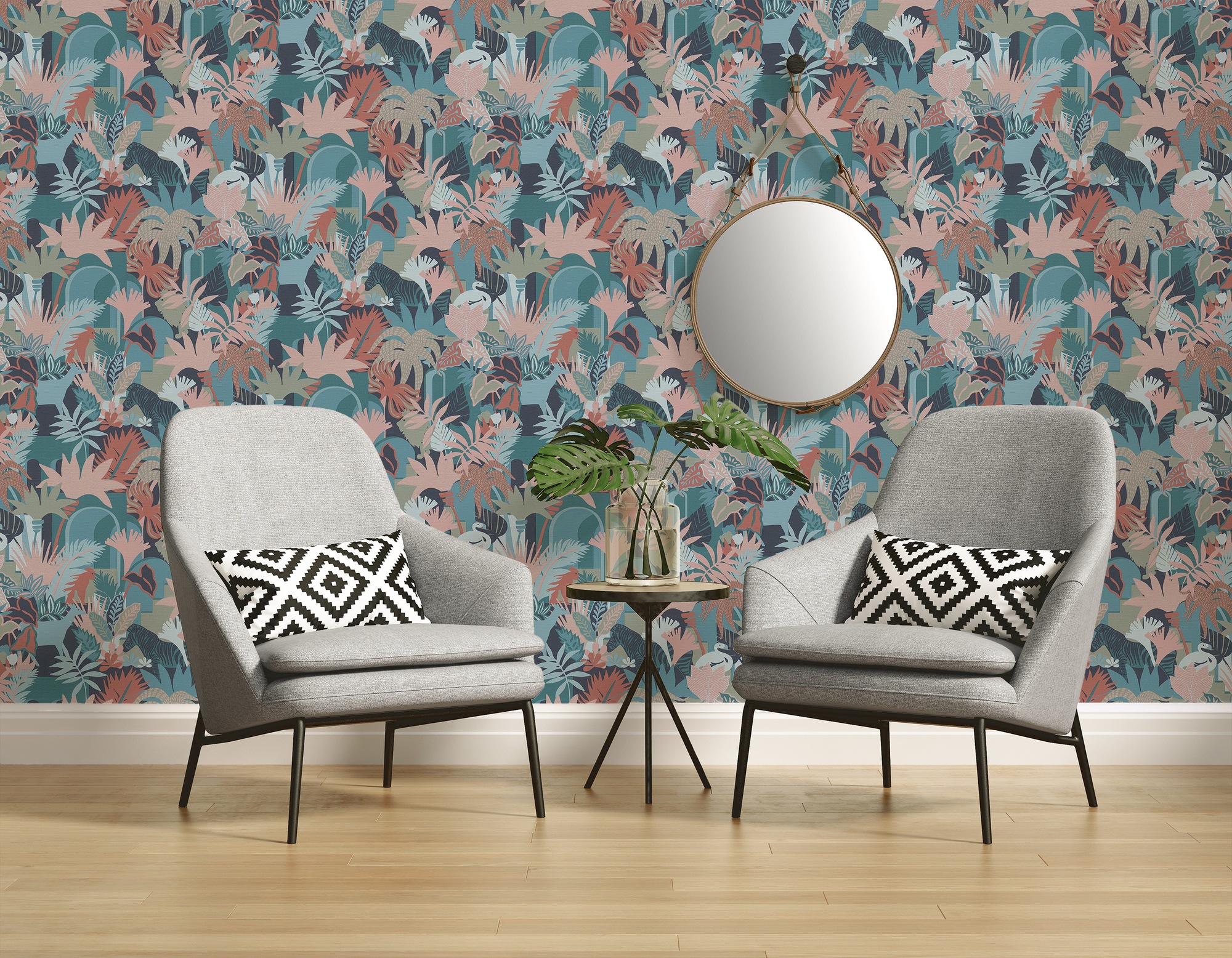 A.S. Création Vliestapete »Antigua Retrotapete Artdeco«, matt-gemustert-neutral, Dschungeltapete Floral mit Tieren Tapeten Wohnzimmer Schlafzimmer Flur