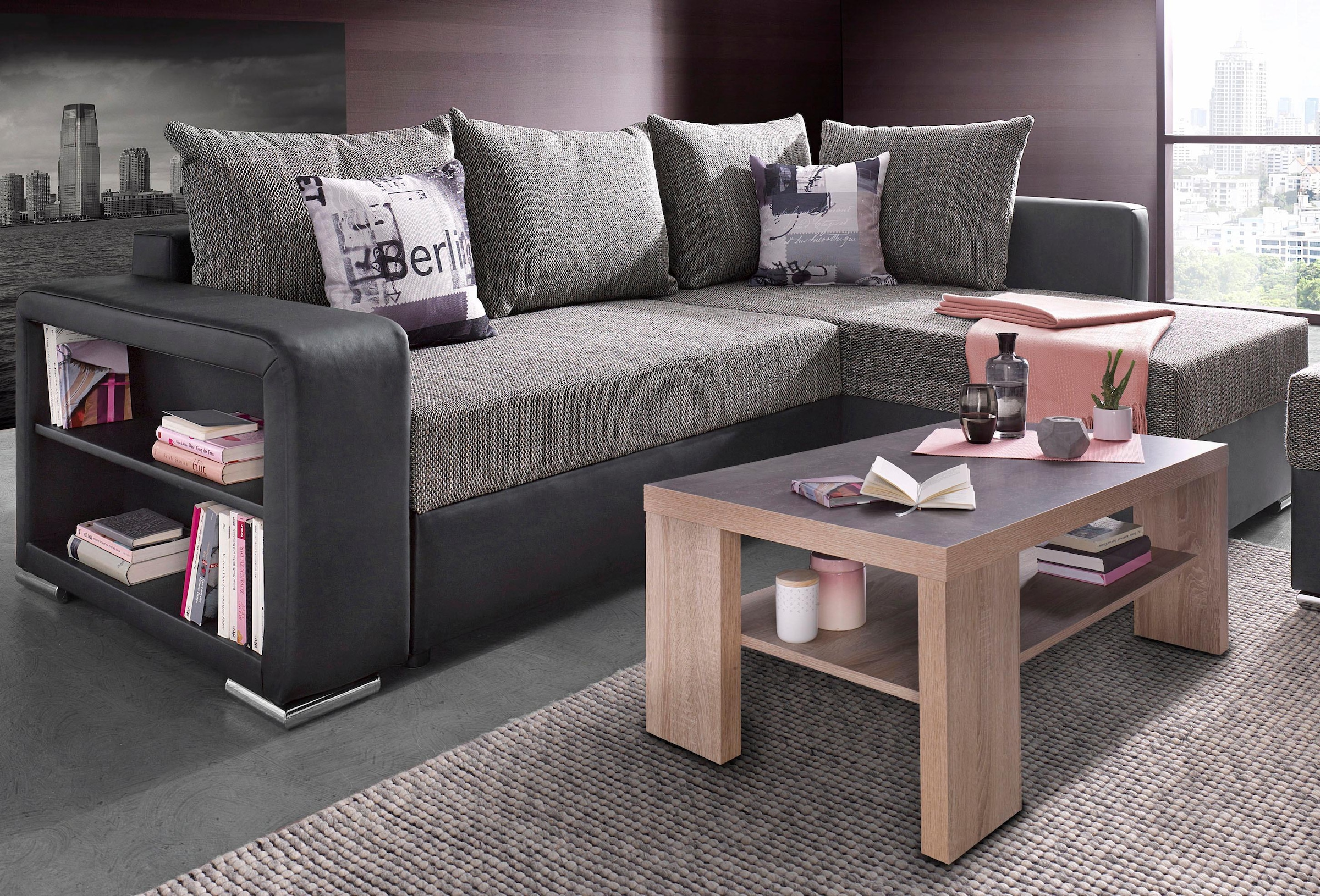 COLLECTION AB "John L-Form, B: 226 cm, Schlaffunktion & Bettkasten" Regalelement & 2 Zierkissen, Couch mit Federkern