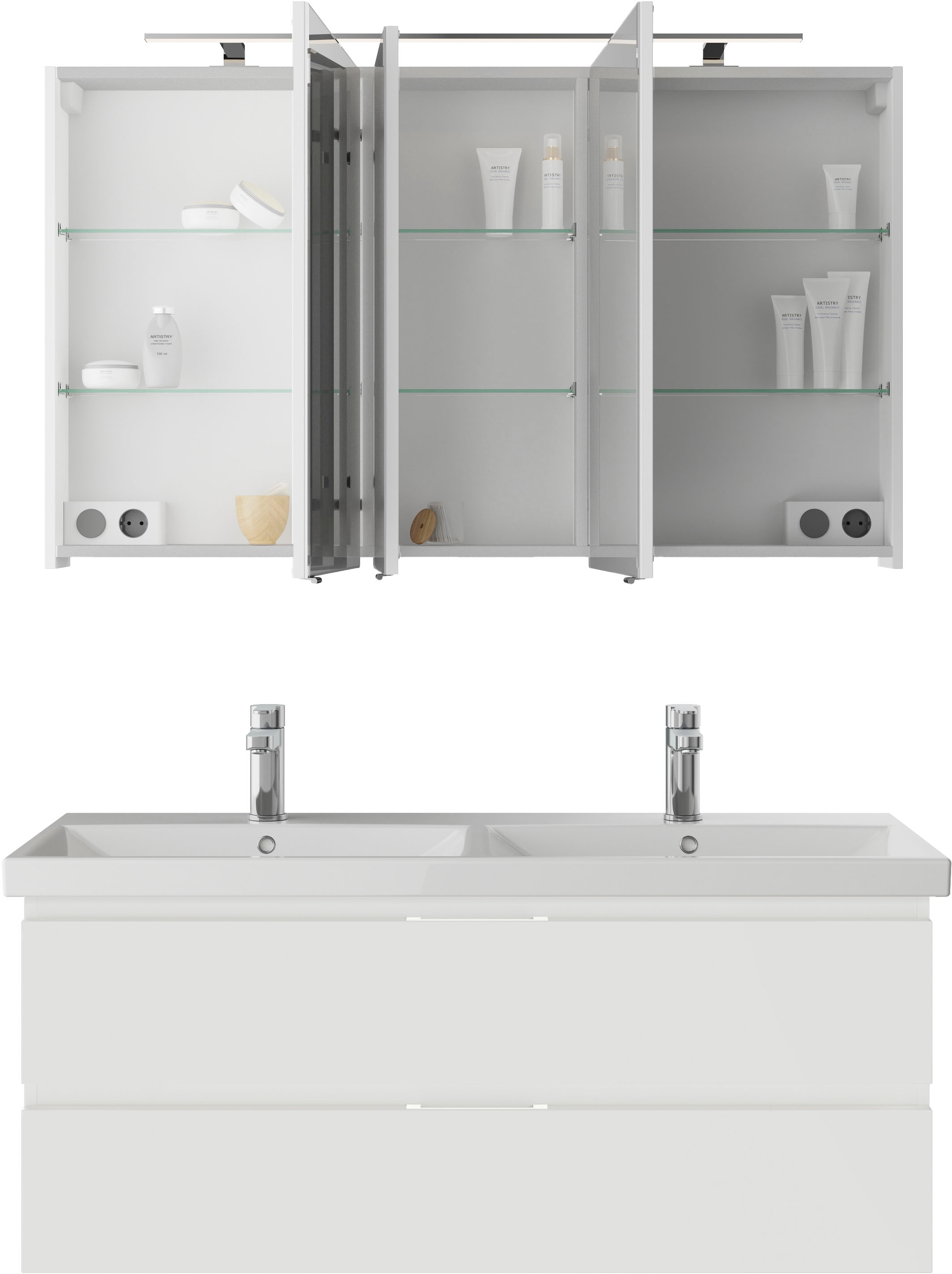 Saphir Badmöbel-Set »Serie 4035 2-teilig, Keramik-Doppelwaschtisch mit LED-Spiegelschrank«, (Set), Doppel-Waschplatz inkl Türdämpfer, 120 cm breit, 2 Schubladen, 3 Türen