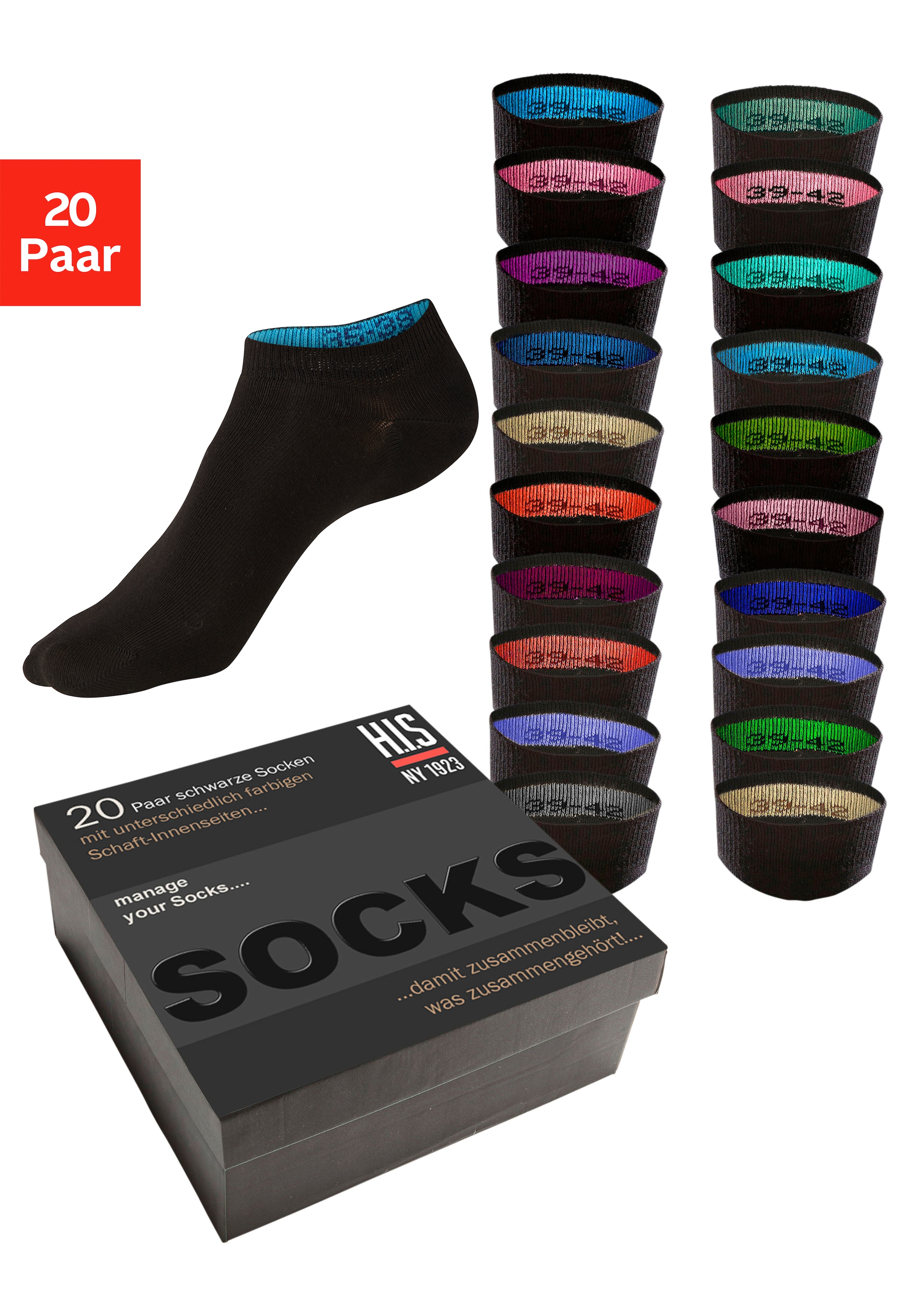 H.I.S Sneakersocken "für Damen und Herren, perfekt zu sortieren, mit farbigen Innenbündchen" Box, 20 Paar tlg. in praktischer Geschenkbox für Beruf und Freizeit