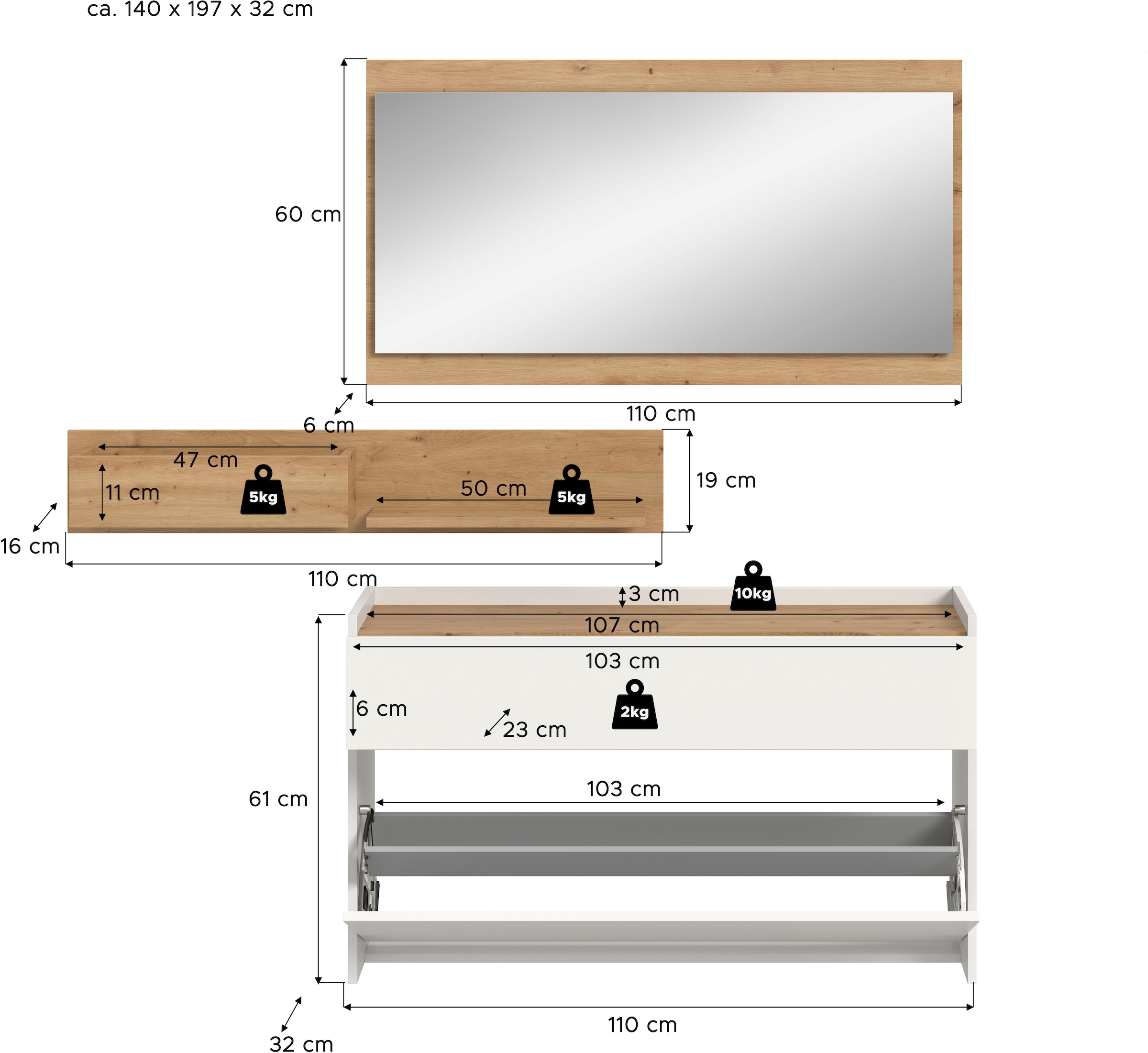 INOSIGN Garderoben-Set »EVRID, 3-teilig, Breite 140 cm, individuell hängbar & erweiterbar«, (3 St., best. aus: Kommode, Wandboard & Spiegel), Garderobenkombination, Garderobe, Wandgarderobe, Flur, Diele