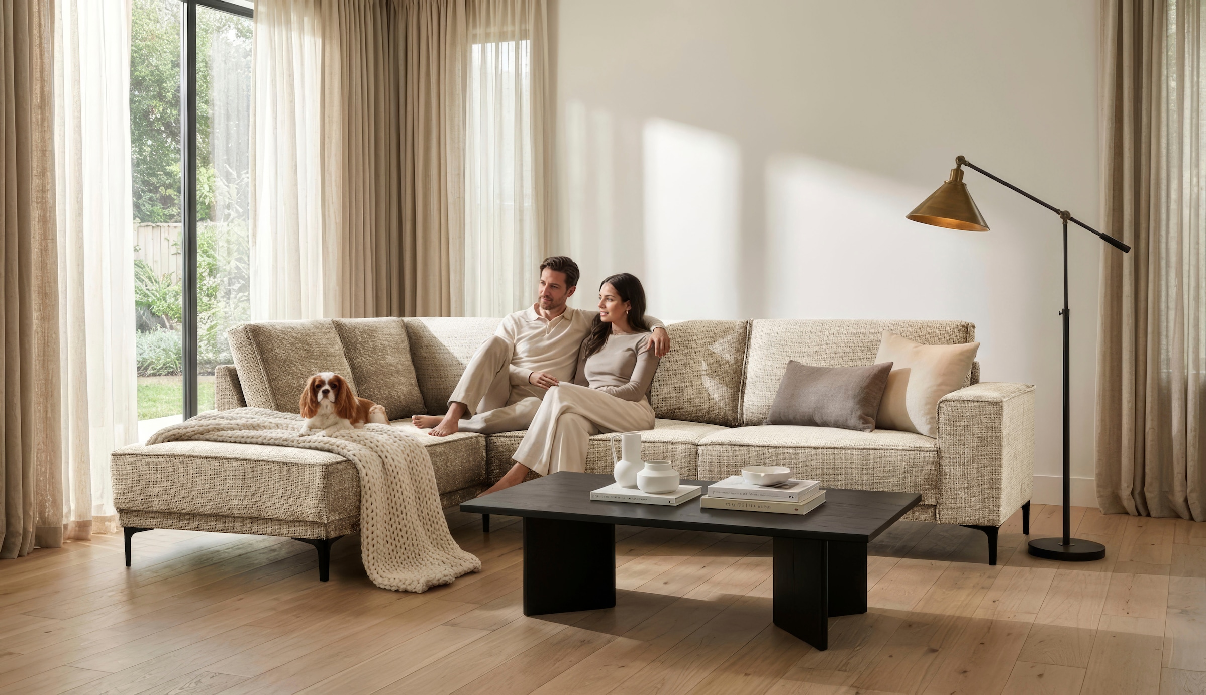 OTTO home Ecksofa "OLAND Chenille L-Form, B: 289 cm, Skandi-Design" Struktur, Flachgewebe, Luxus-Microfaser, Boucle