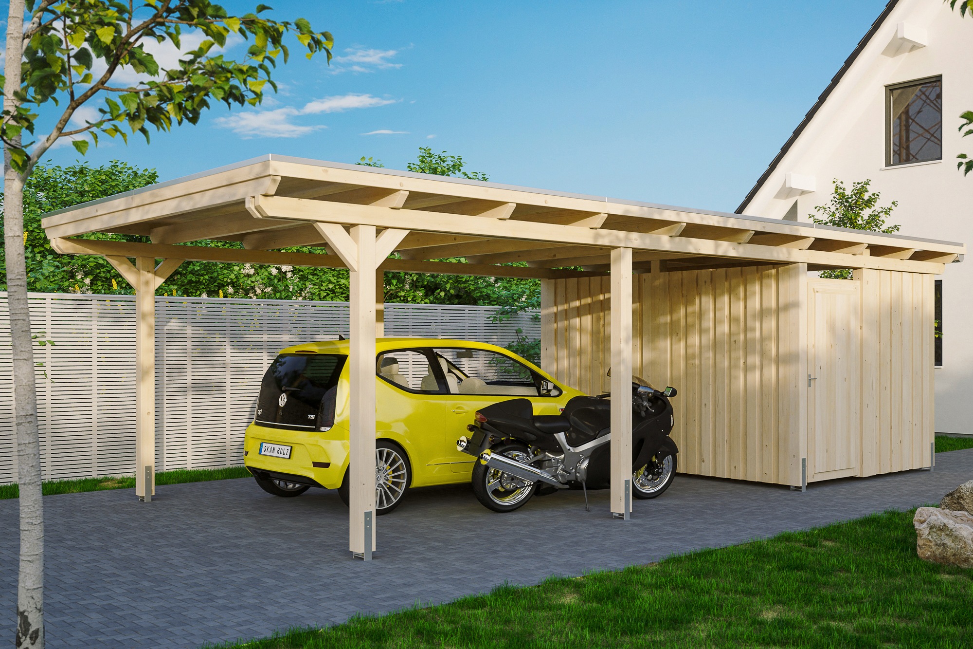 Skanholz Einzelcarport "Emsland", Holz, 341 cm, natur, mit Abstellraum, versch. Farben