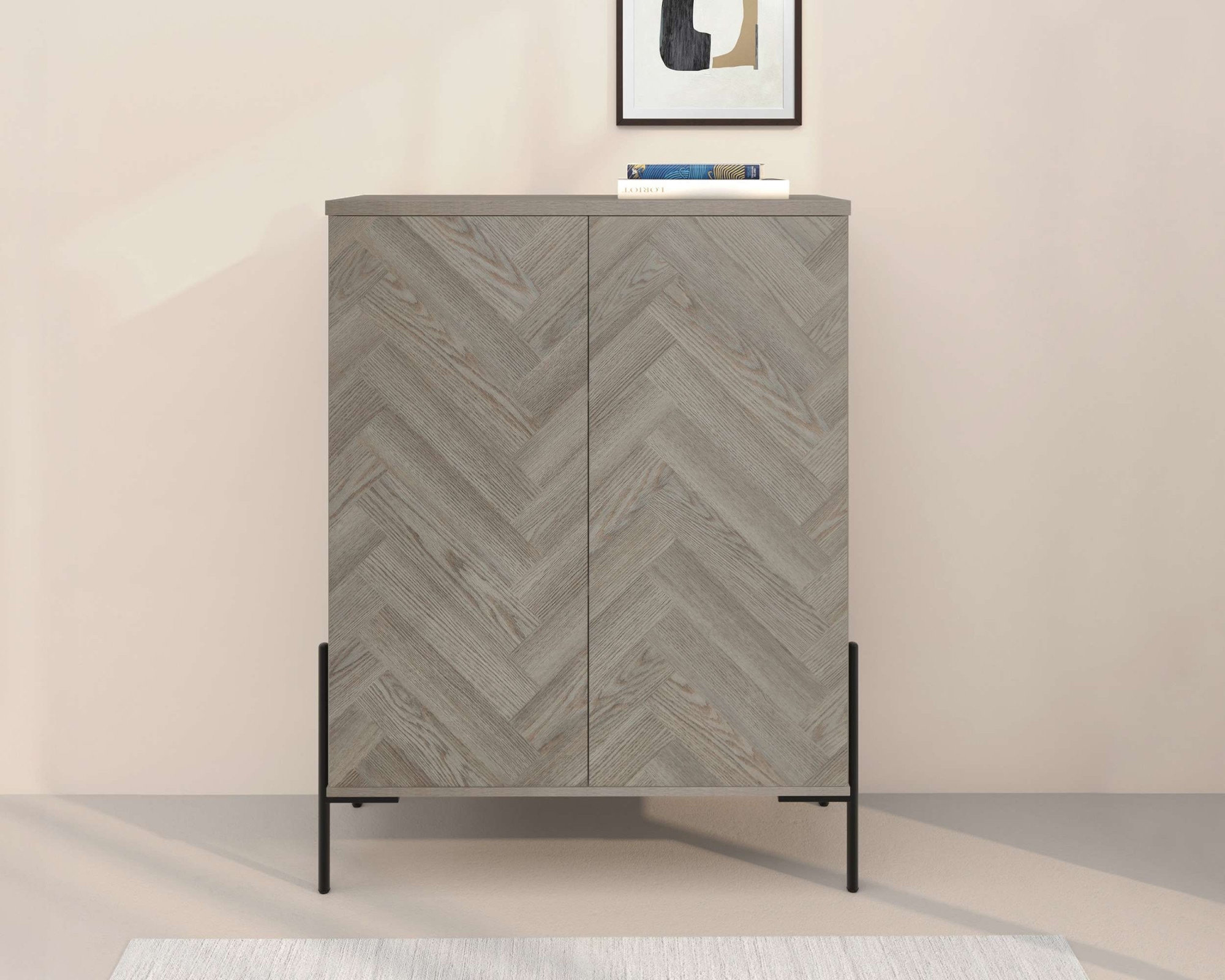 OTTO home Highboard "Eadwine" Kommode, Midischrank, Push-to-open, Türen mit Fischgräten Muster