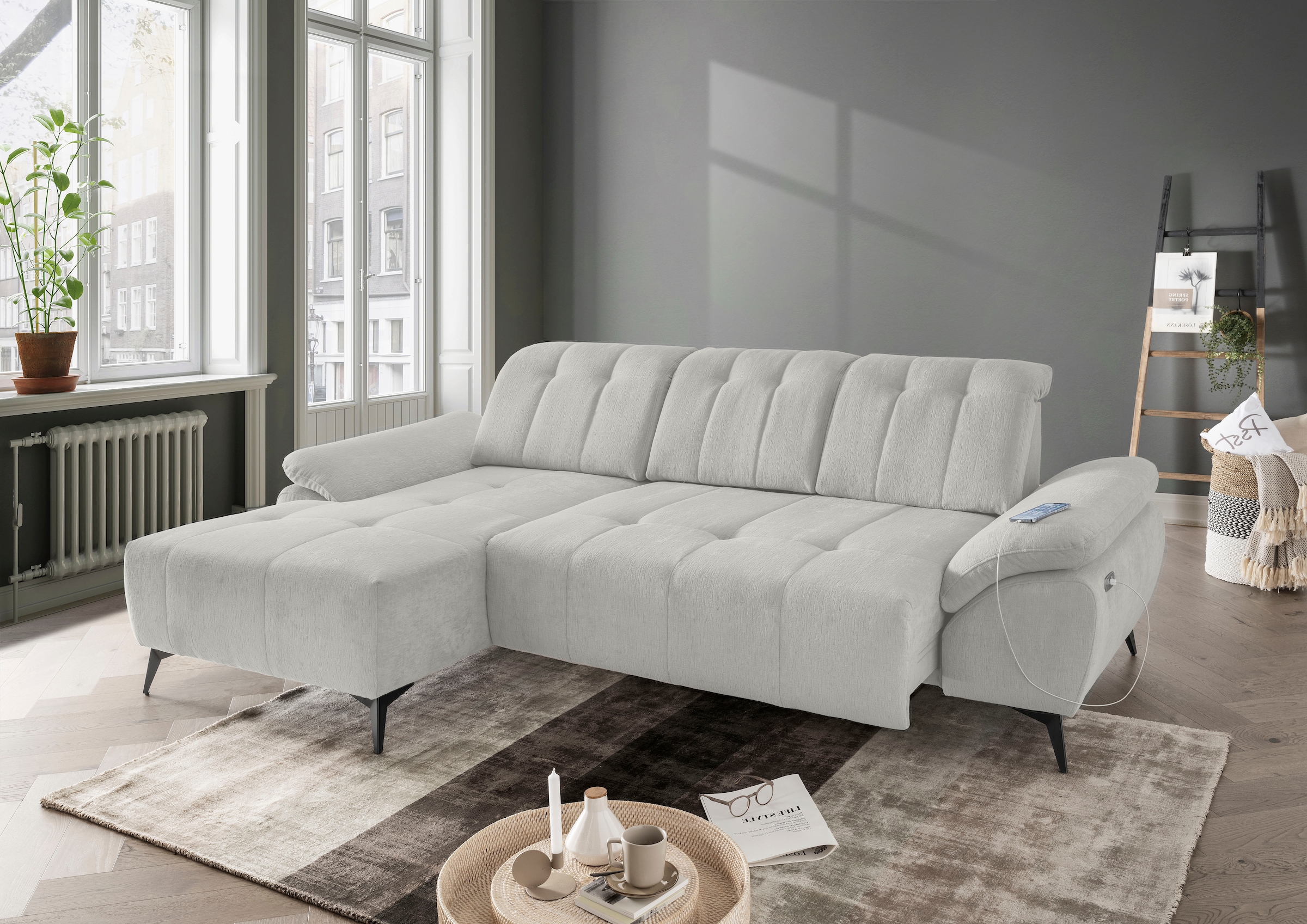 Home affaire "Fiore modern, bequeme Armlehnen, tolle Detailverarbeitung, L-Form" elektrischer Sitzvorschub und Kopfstützen höhenverstellbar