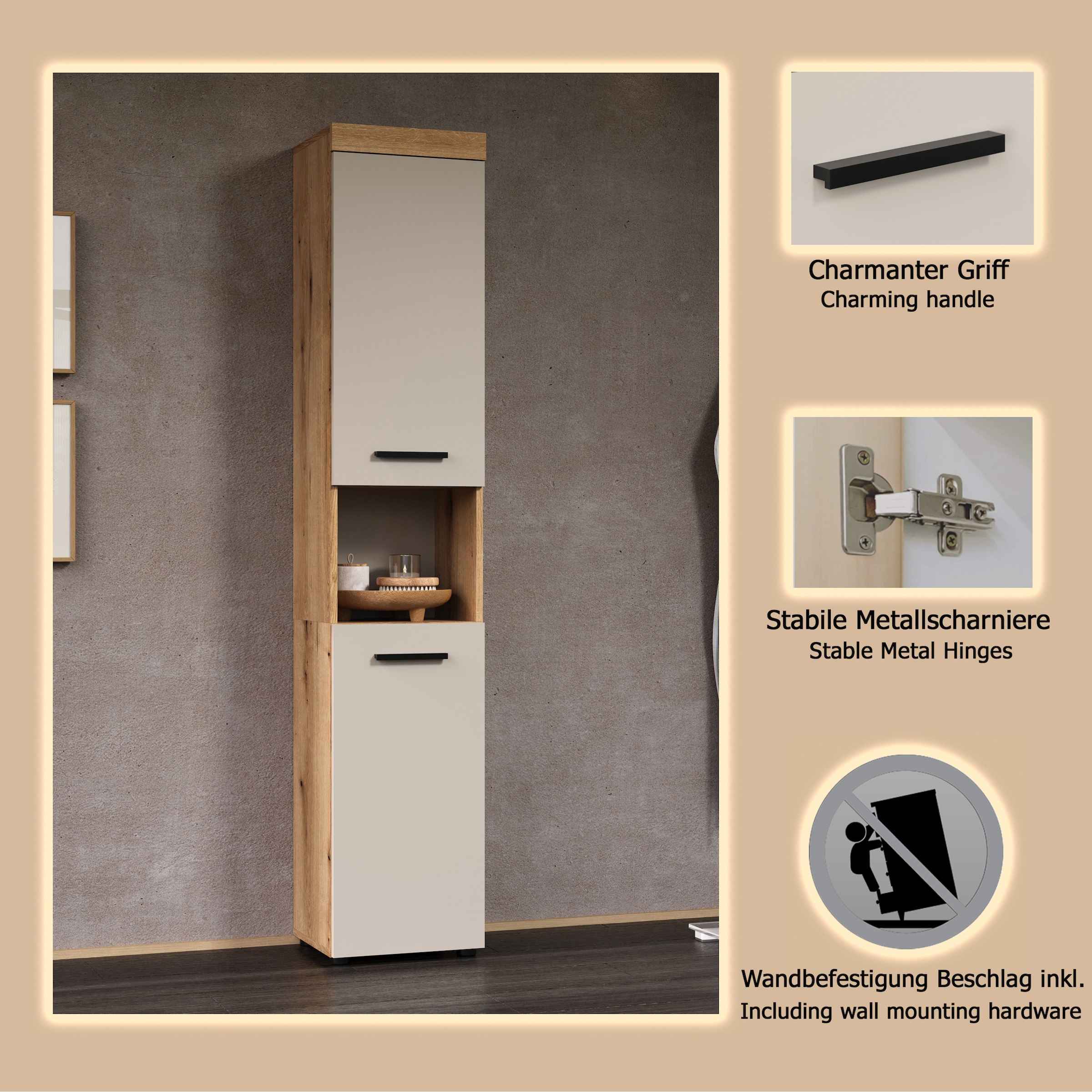 welltime Hochschrank »Isera« 1 Stk. tlg. Badschrank mit 2 Türen und 1 offenem Fach  – (B/T/H) 36 /31/184 cm