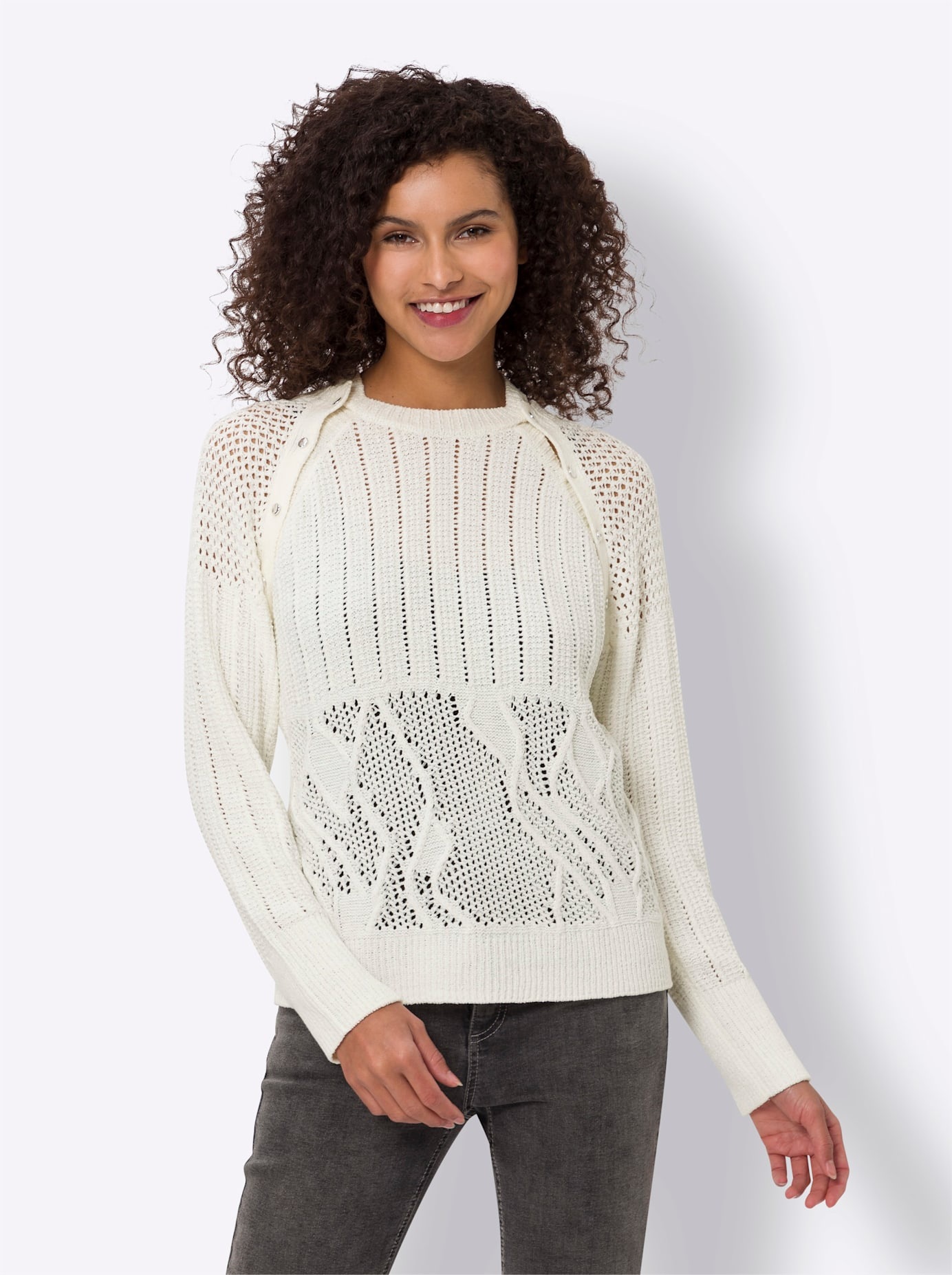 Strickpullover HEINE "Twinset", Damen, Gr. 44, beige (ecru), 65% Polyacryl, 35% Polyamid, unifarben, Pullover Strickpullover 3