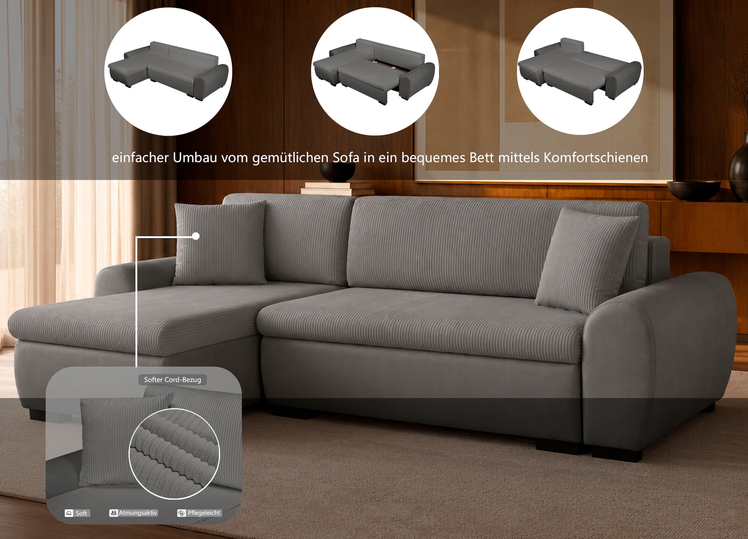 OTTO home Ecksofa »KIVELLA Cord-Struktur, L-Form, 240 cm« Schlaffunktion(128/191), Bettkasten, Cord-Struktur-Mix