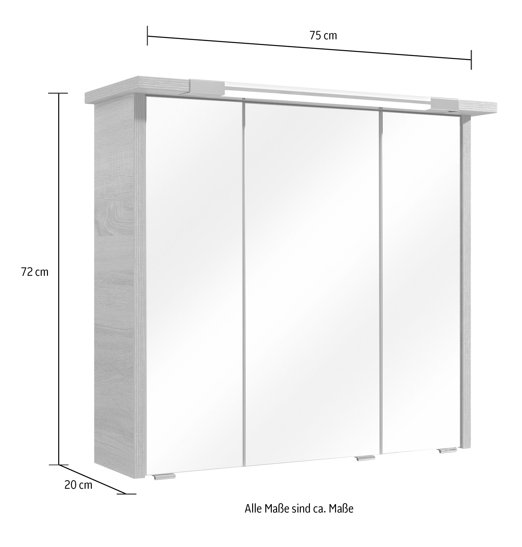 Saphir Spiegelschrank »Quickset 382 Badschrank, 3 Spiegeltüren, 6 Einlegeböden, 75 cm breit«, inkl. LED-Beleuchtung, Türdämpfer, Schalter-/Steckdosenkombination