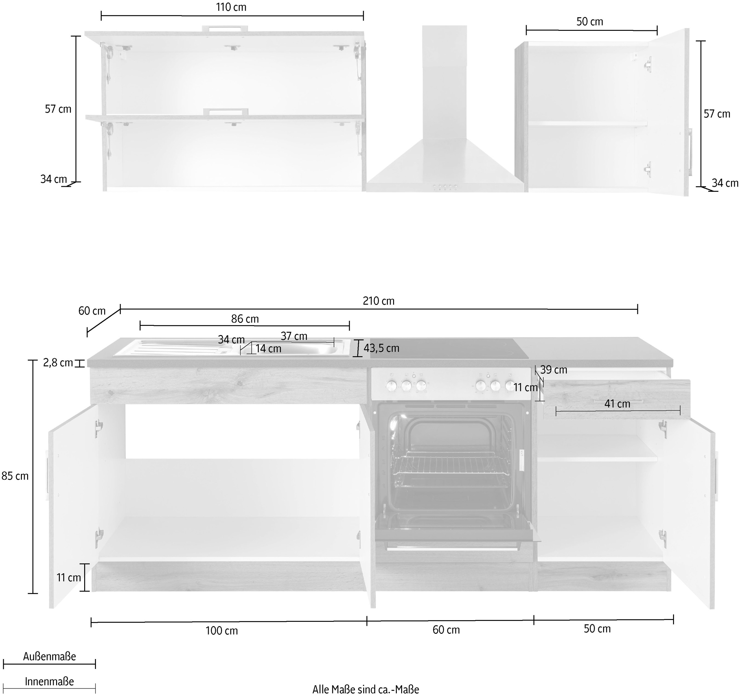 KOCHSTATION Küchenzeile »KS-Colmar«, ohne E-Geräte, Breite 210 cm
