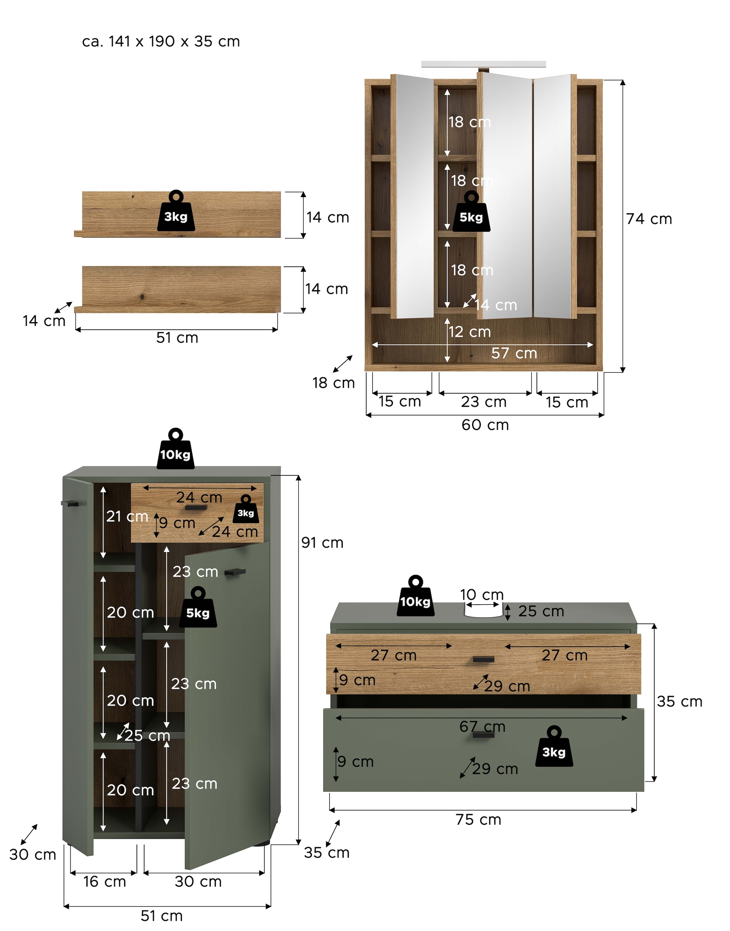 welltime Badmöbel-Set »VANN, 5-teilige moderne Badkombination, inkl. Beleuchtung« Midischrank, 2er Set Wandregal, Waschbeckenunterschrank,Spiegelschrank, 5 Stk. tlg.
