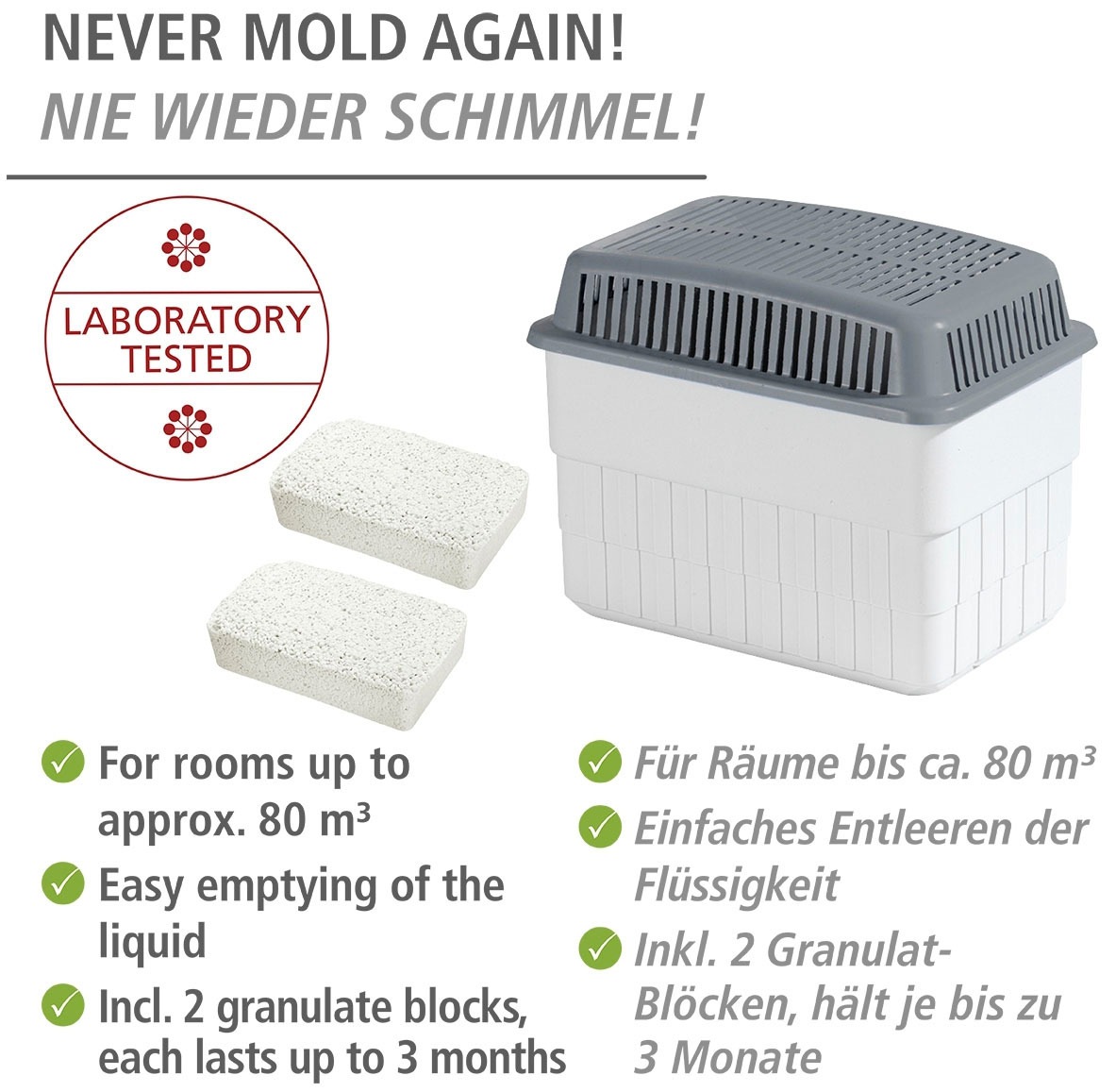 WENKO Luftentfeuchter »Feuchtigkeitskiller«, für 80 m³ Räume, 2 x 1 kg