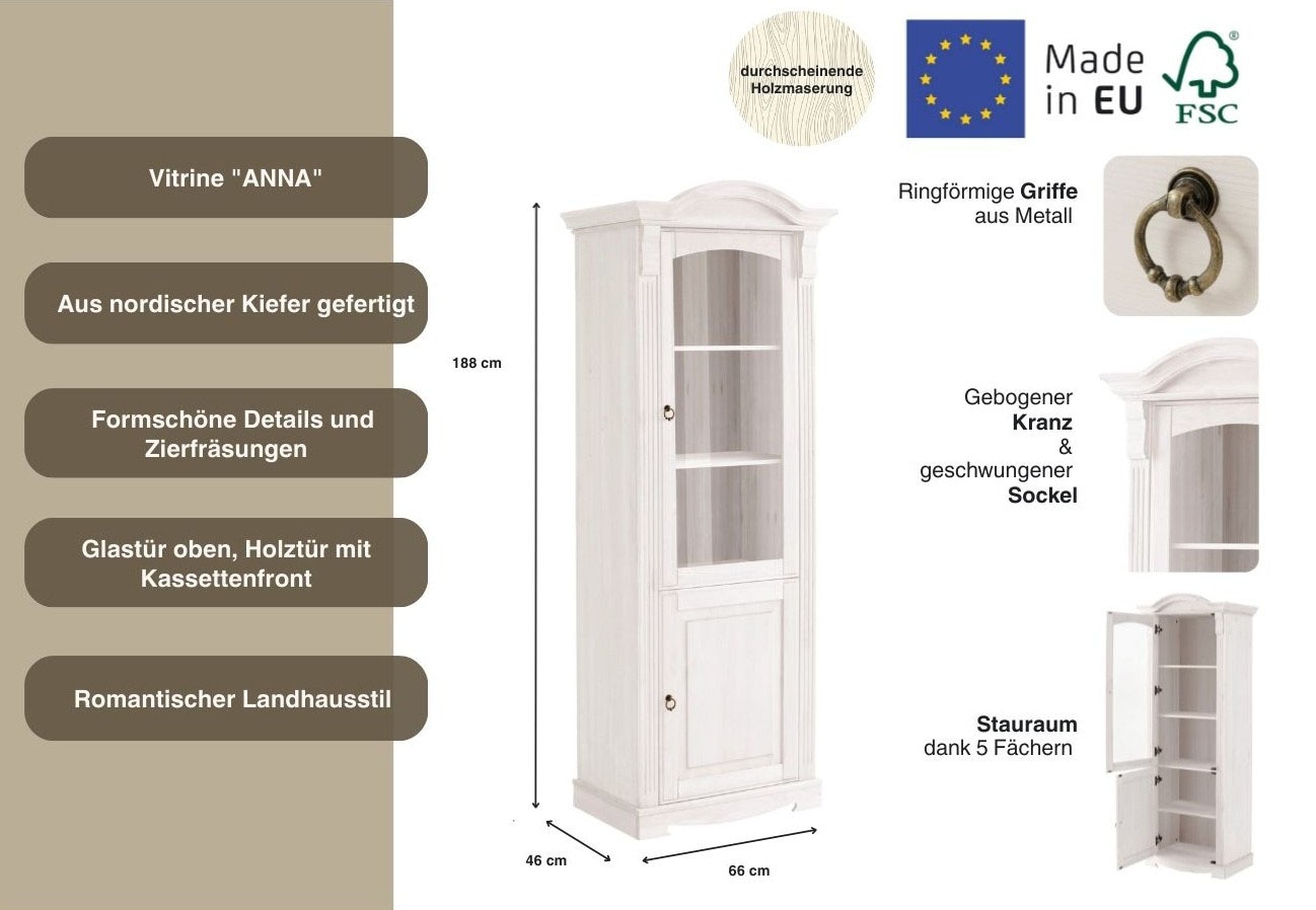 Home affaire Vitrine »Anna«, (Gesamtmaße (B/T/H): ca. 66/46/188 cm), mit Glastür, Höhe 188 cm, Massivholz, mit Zierfräsungen, FSC®