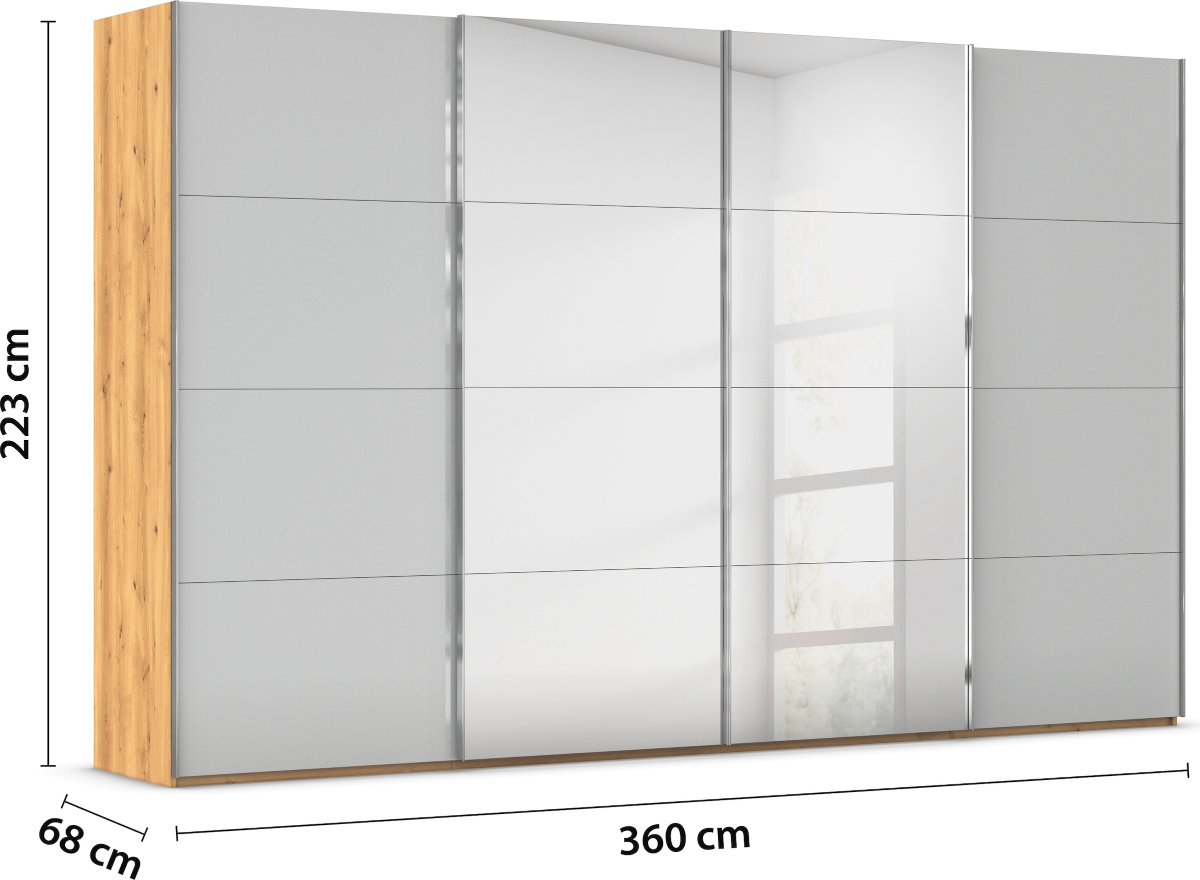 rauch Schwebetürenschrank »Kleiderschrank Schrank Garderobe Schlafzimmerschrank SCALE-FYRA«, edle viergeteilte Türen Spiegel/Glas-Mix viele Farben MADE IN GERMANY