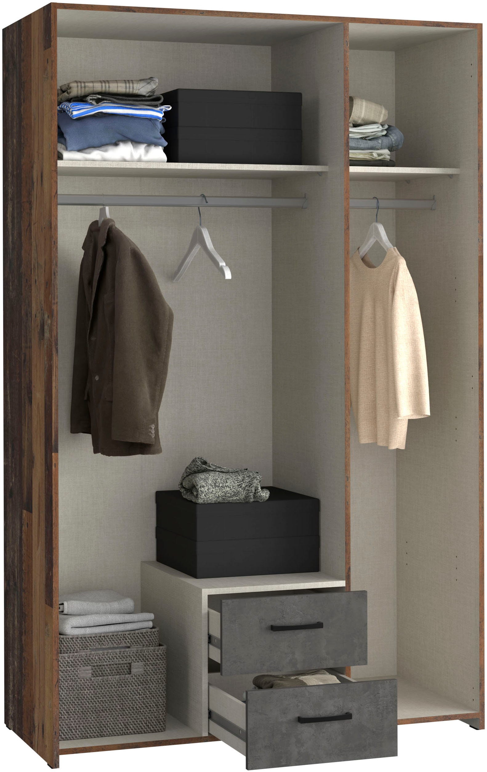 FORTE Kleiderschrank »ECONOBOX, Drehtürenschrank 120cm, mit Spiegel, 2 Schubkästen« B/H/T 119,4/190,5/54,4 cm, Old Wood Vintage/Betonoptik dunkelgrau