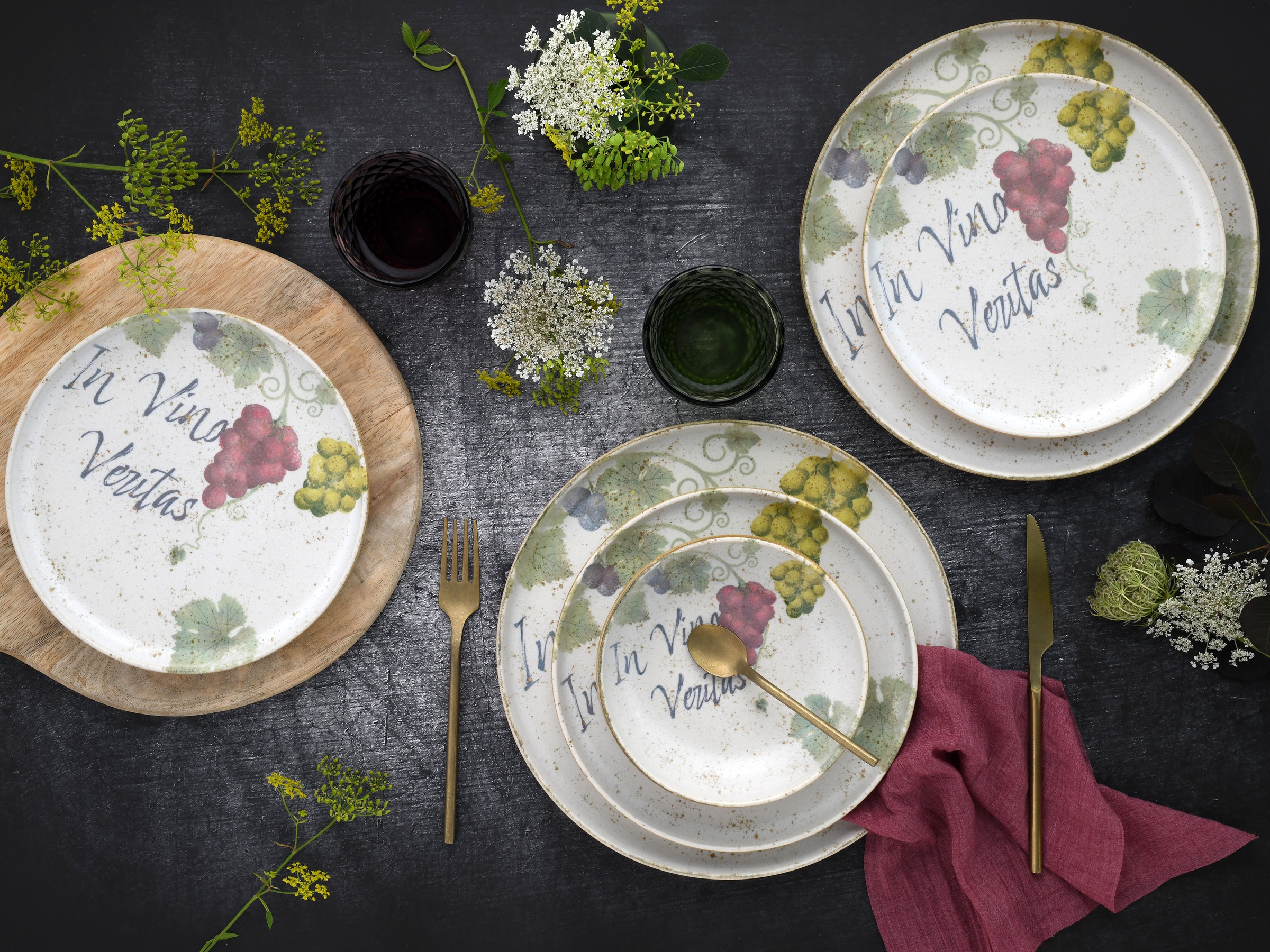 CreaTable Teller-Set »Uno In Vino Veritas, Tellerset 12-tlg«, (Set, 12 tlg.), Weintraubenmotive, Vintage Style