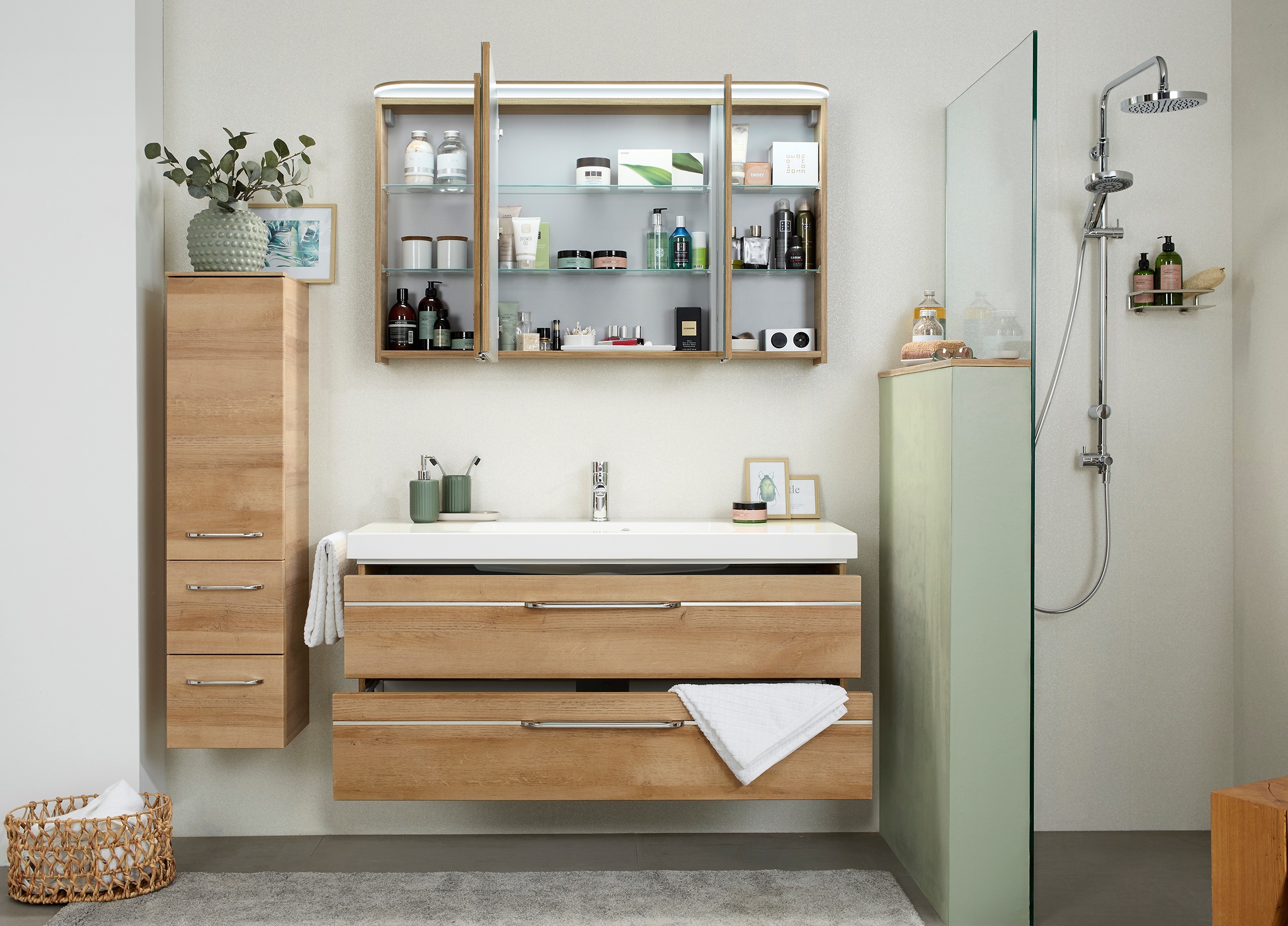 Saphir Badmöbel-Set »Balto Sprint 3-teilig, Mineralmarmor-Waschtisch mit LED-Spiegelschrank«, (4 St.), Badezimmer Set mit Midischrank inkl Türdämpfer, 4 Türen, 4 Schubladen