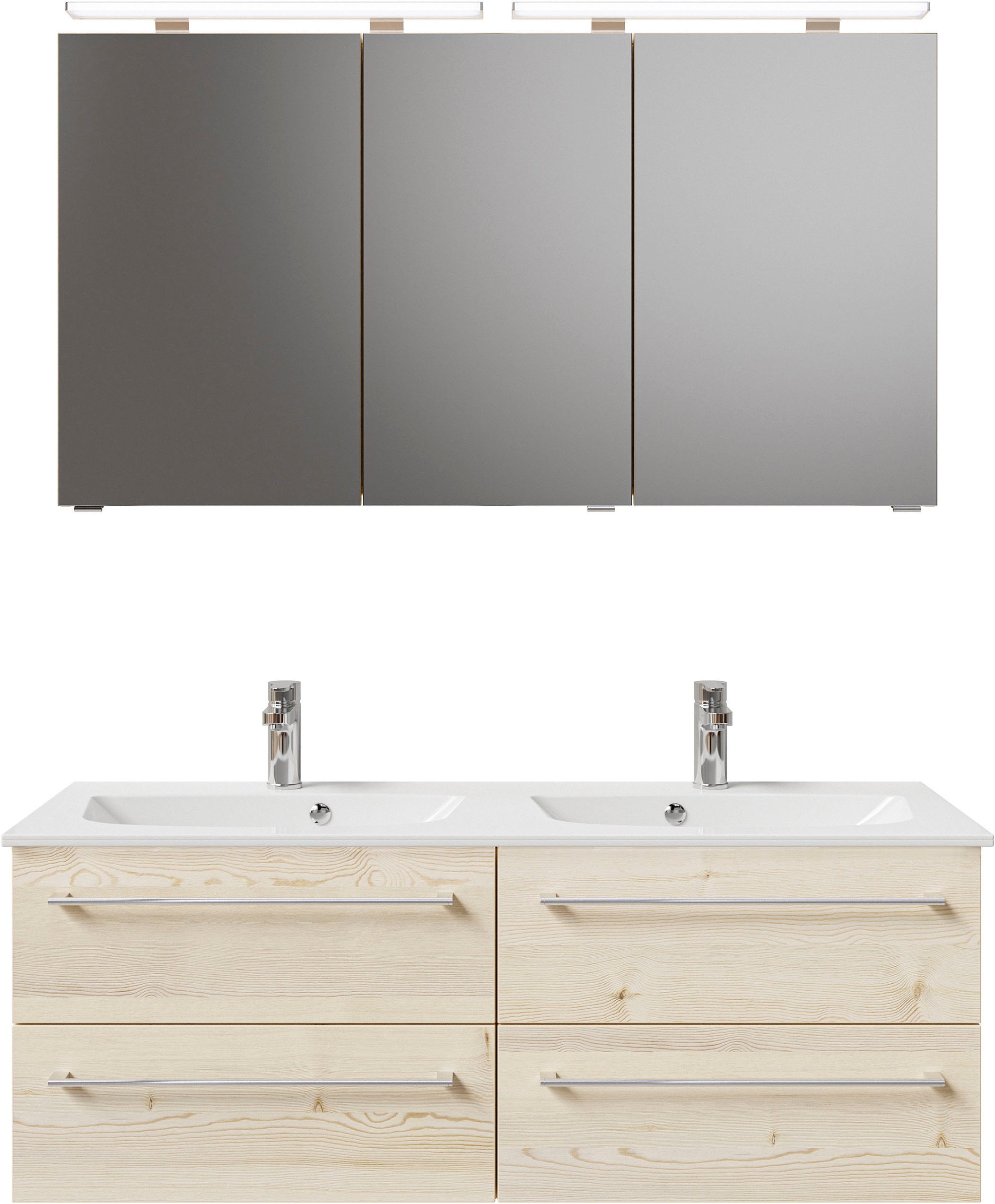 Saphir Badmöbel-Set »Serie 6025 2-teilig Mineralmarmor-Waschtisch mit LED-Spiegelschrank«, (2 St.), Waschplatz 132cm breit, 4 Schubladen, 2 Spiegel-Türen, inkl Türdämpfer