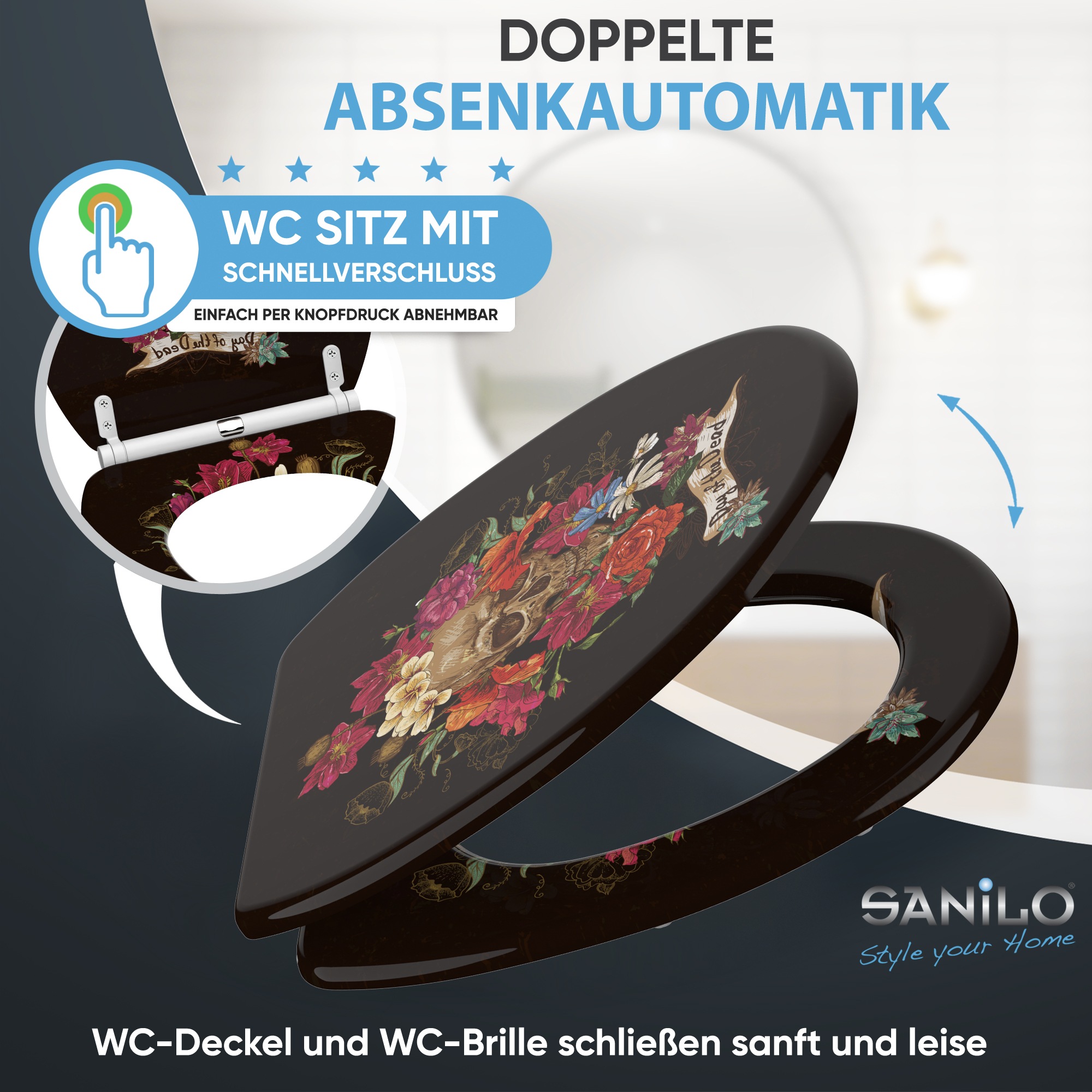 Sanilo WC-Sitz »Day of the Dead mit Absenkautomatik & Quick Release« Premium Toilettendeckel, abnehmbar, leichte Montage von oben