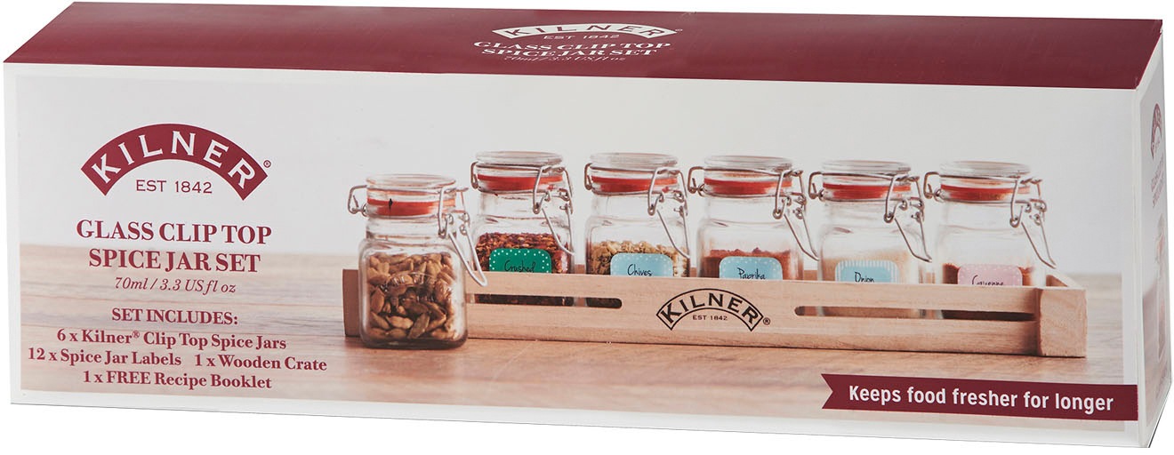 KILNER Gewürzbehälter Set, 7 Stk. tlg. Holzkasten, 6 x 70 ml, geeignet für günstig online kaufen
