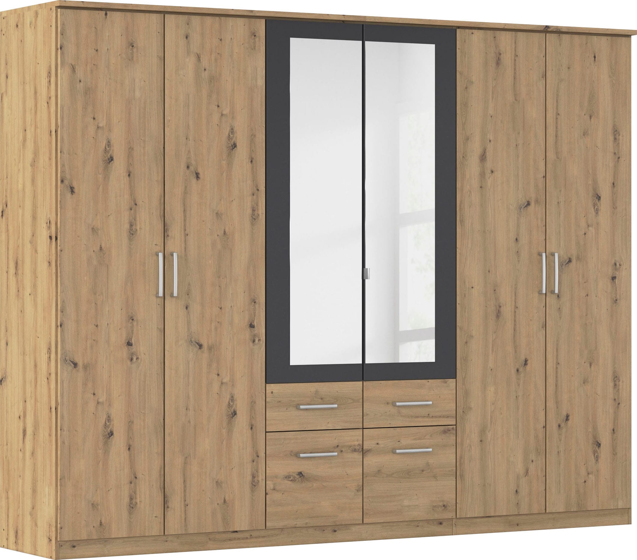 rauch "Drehtürenschrank Schrank Garderobe BURANO" mit Schubladen und Spiegelumrandung in Farbabsetzung MADE IN GERMANY