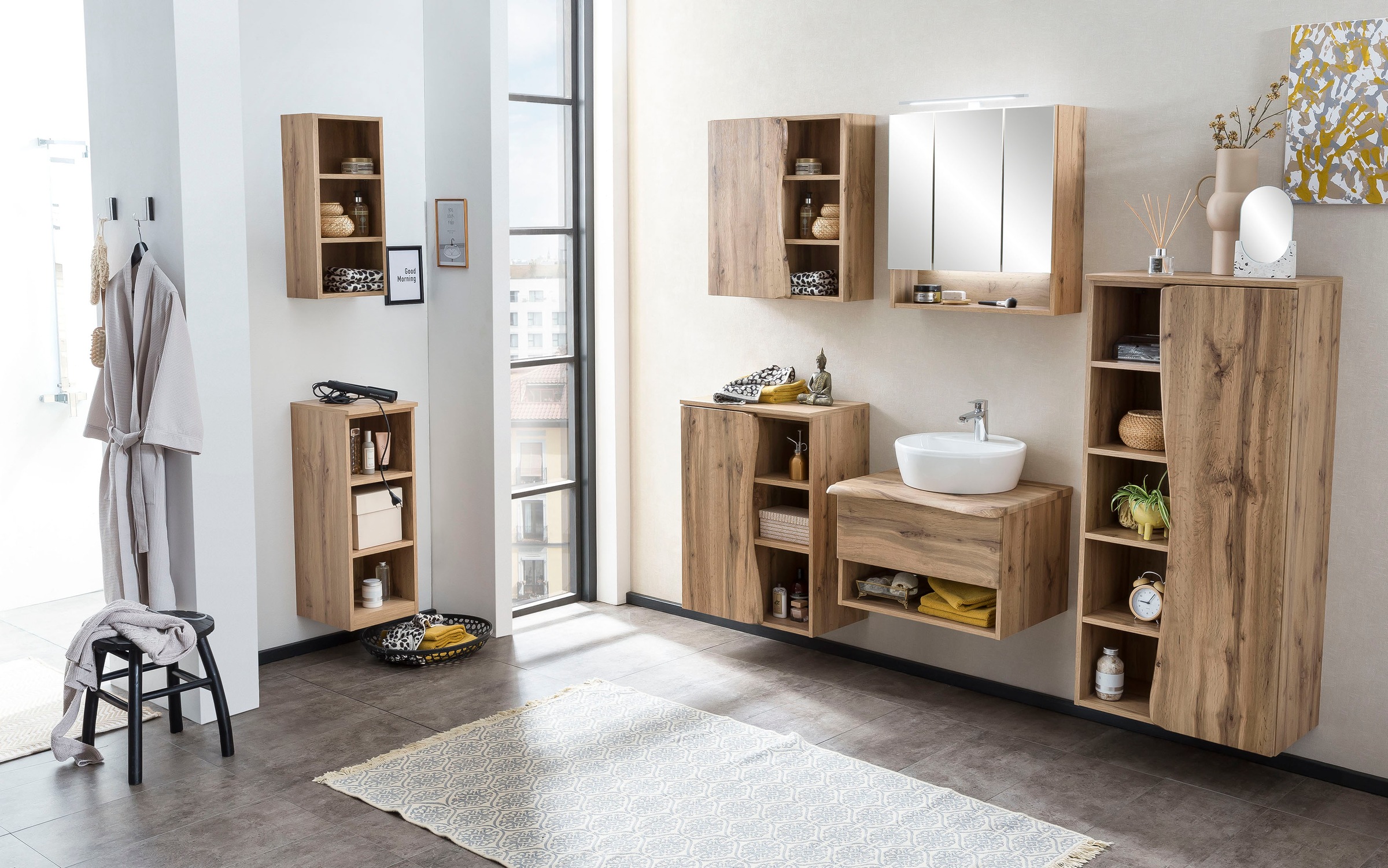 welltime Badmöbel-Set »Stubach«, (2 St., Spiegelschrank und Waschtisch), Abdeckplatte mit Baumkante