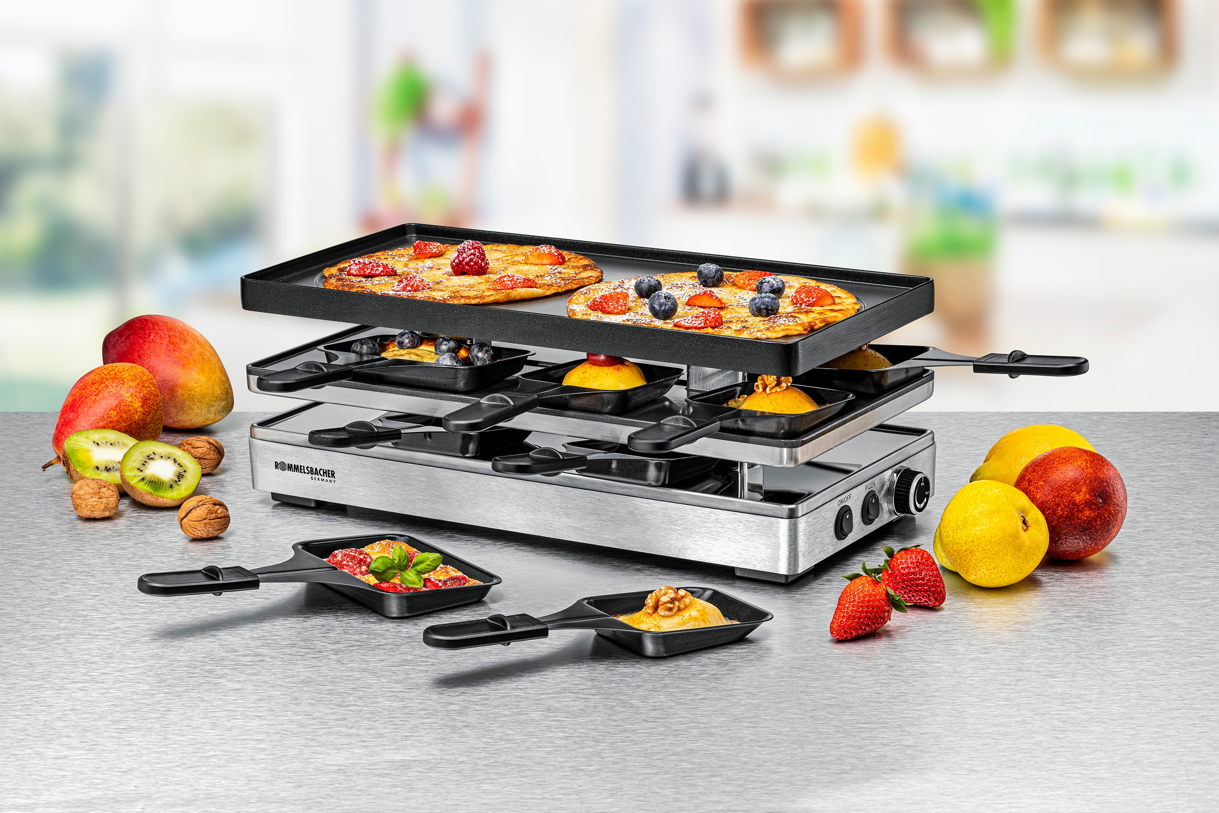 Rommelsbacher Raclette »RCP 1800« 14 Stk. Raclettepfännchen 1.800 W Pizza-Ebene mit zusätzlicher Heizung für knusprigen Teigboden