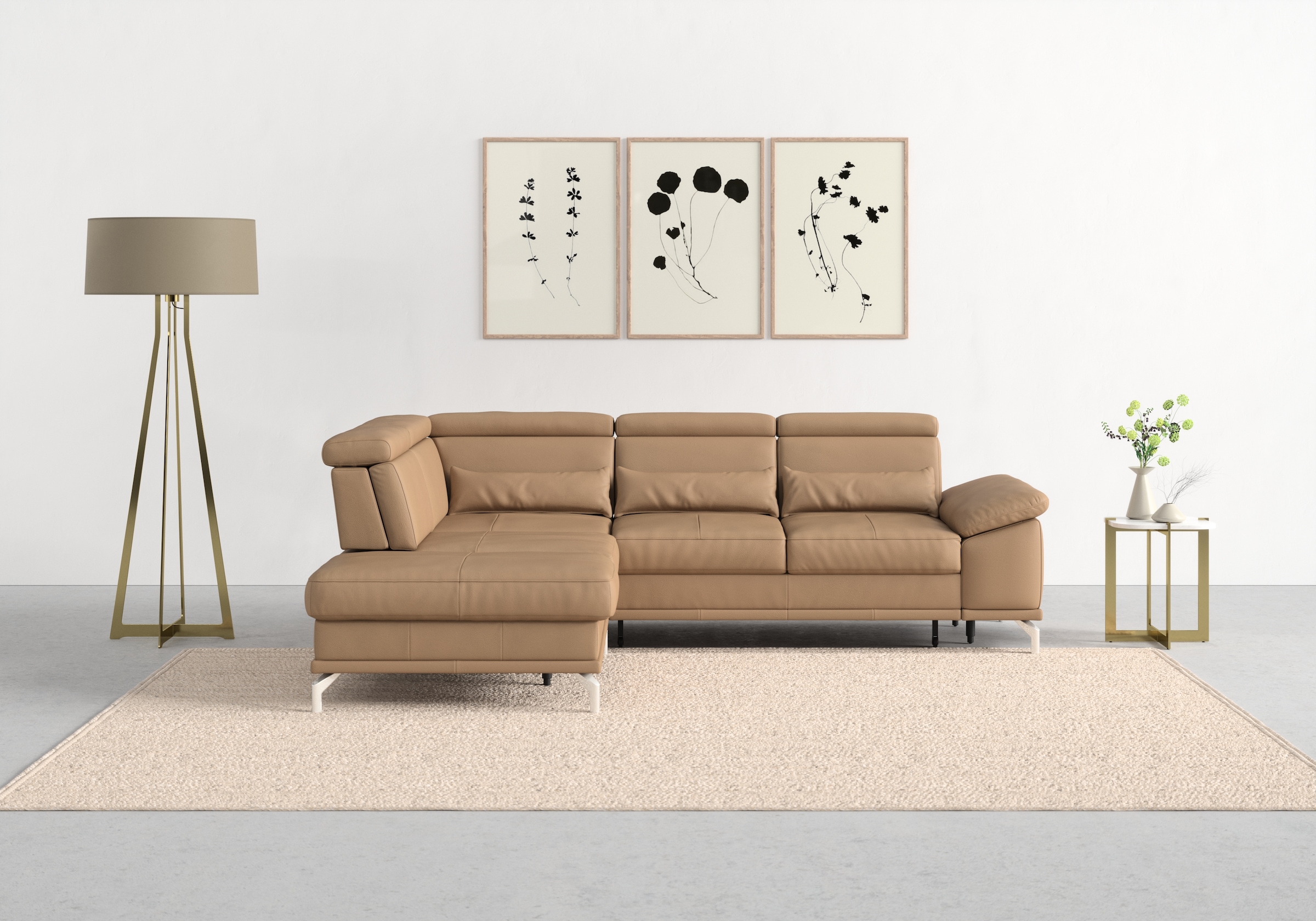 sit&more Ecksofa "Cabrio L-Form, B: 274 cm, mit Sitztiefen-, Arm- & Kopfteilverstellung" 3 Nierenkissen, Federkern, optional Schlaffunktion und Stauraum