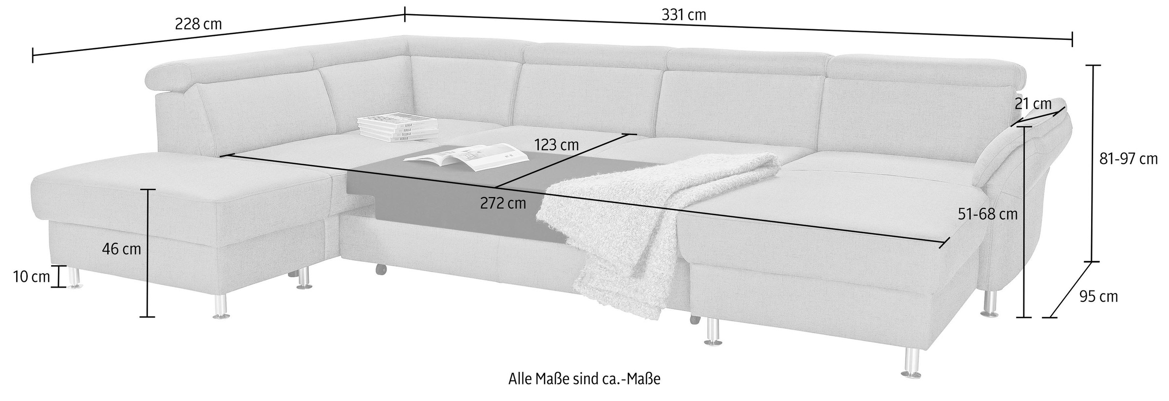 sit&more Wohnlandschaft »Avignon U-Form«, wahlweise mit Bettfunktion und Stauraum, inklusive Kopfteilverstellung