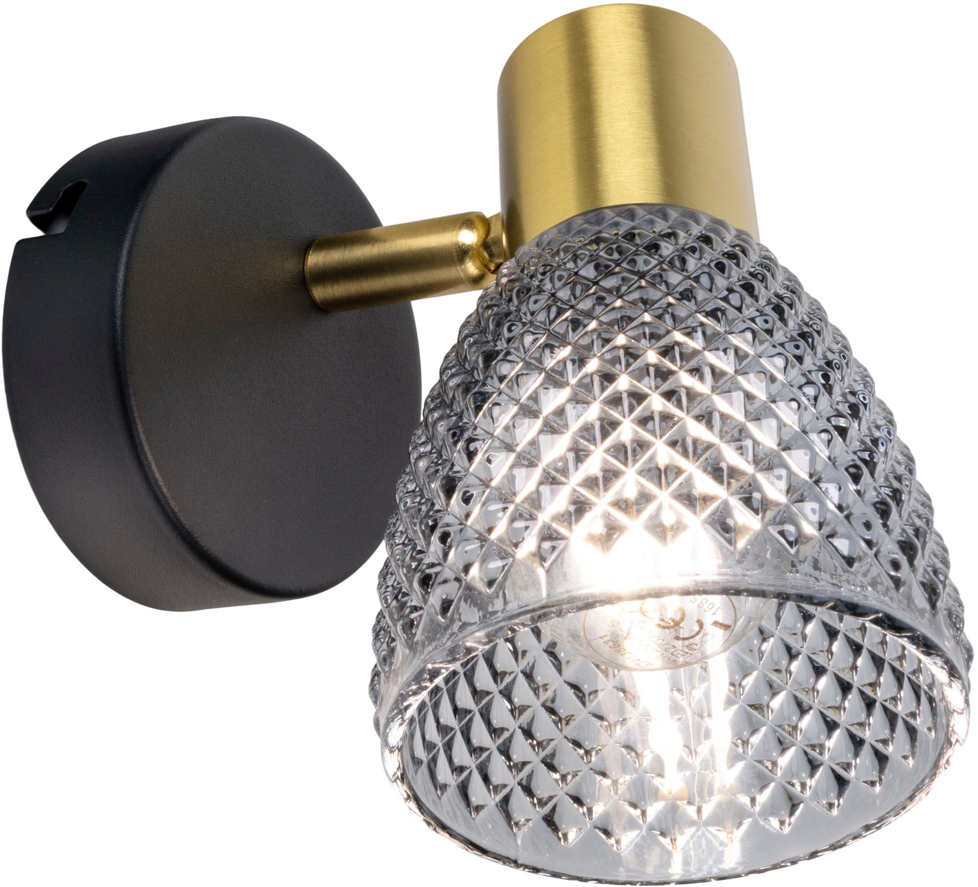 näve Wandleuchte »Lindita« E14 1 Stk. 1er Spot, Relief-Glasschirm smokey, Gestell messing matt, 1x E14 exkl.