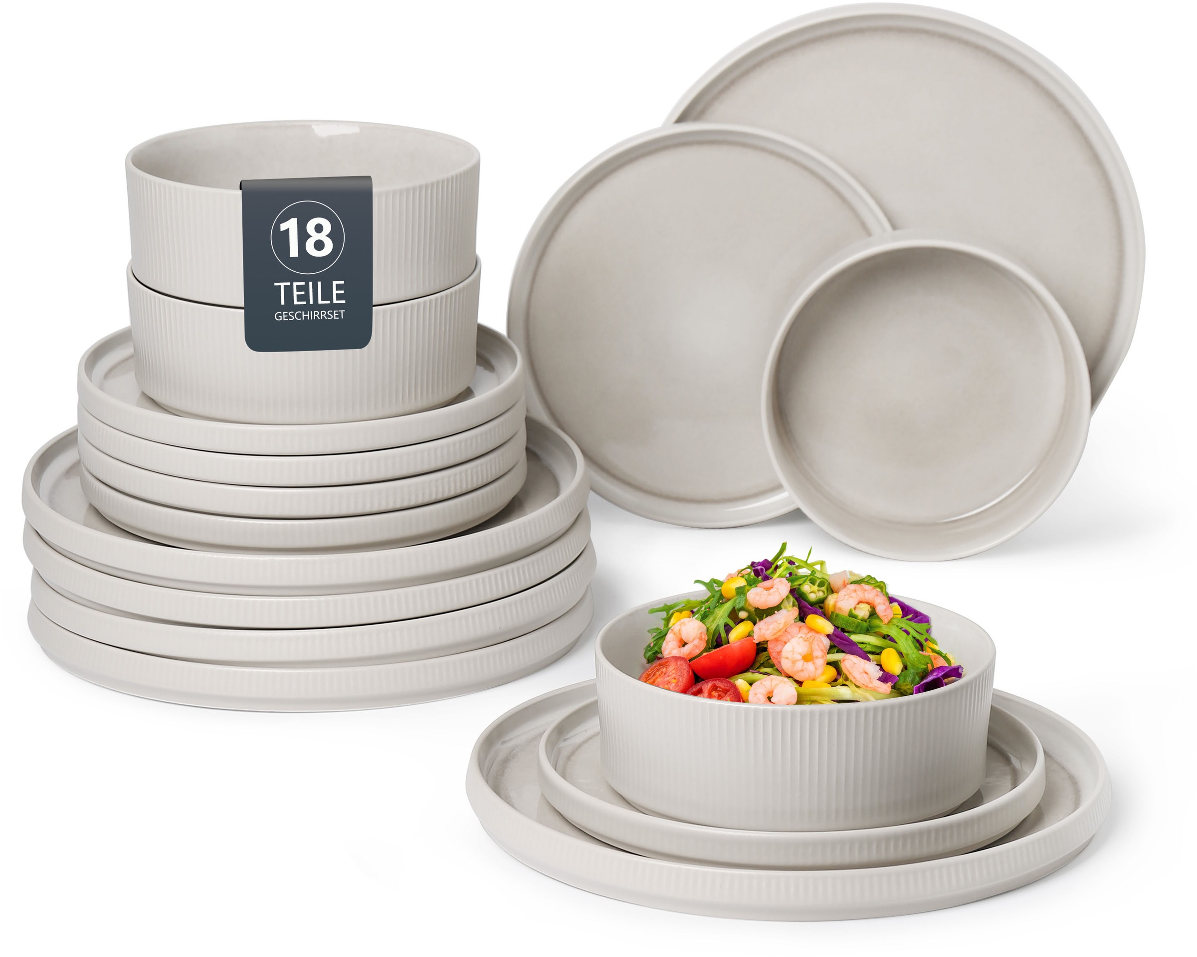 OTTO HOME Geschirr-Set "Ylvii, außen matt, innen reaktiv glasiert", 18 Stk.reactive cream, Geschirr-Sets, spülmaschinenfest und mikrowellengeeignet