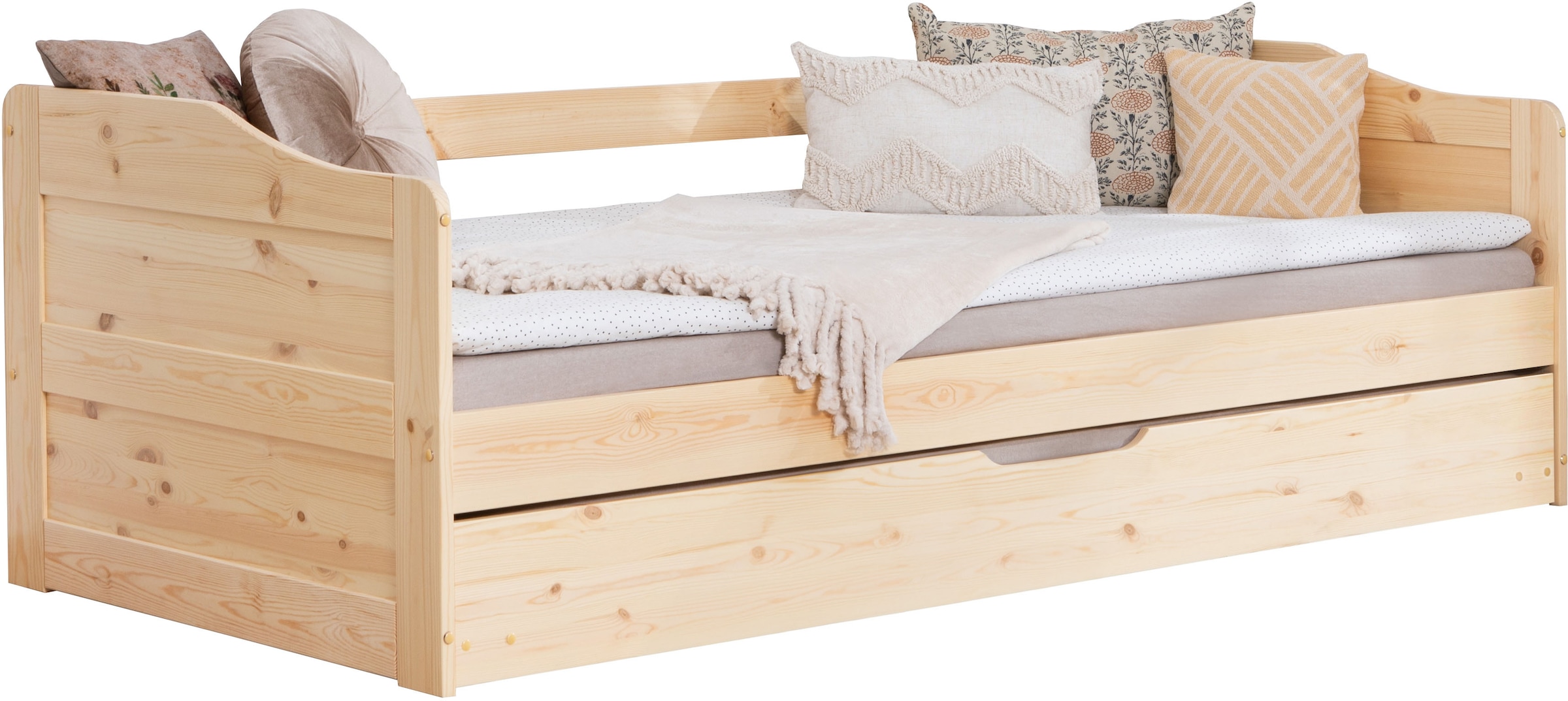 Ticaa Funktionsbett »Melinda, Daybett, Jugendbett, 2 Schlafplätze, Schublade auf Rollen«, (90x200cm), FSC®-zertifizierte Kiefer, 2 Rollroste, Massivholz