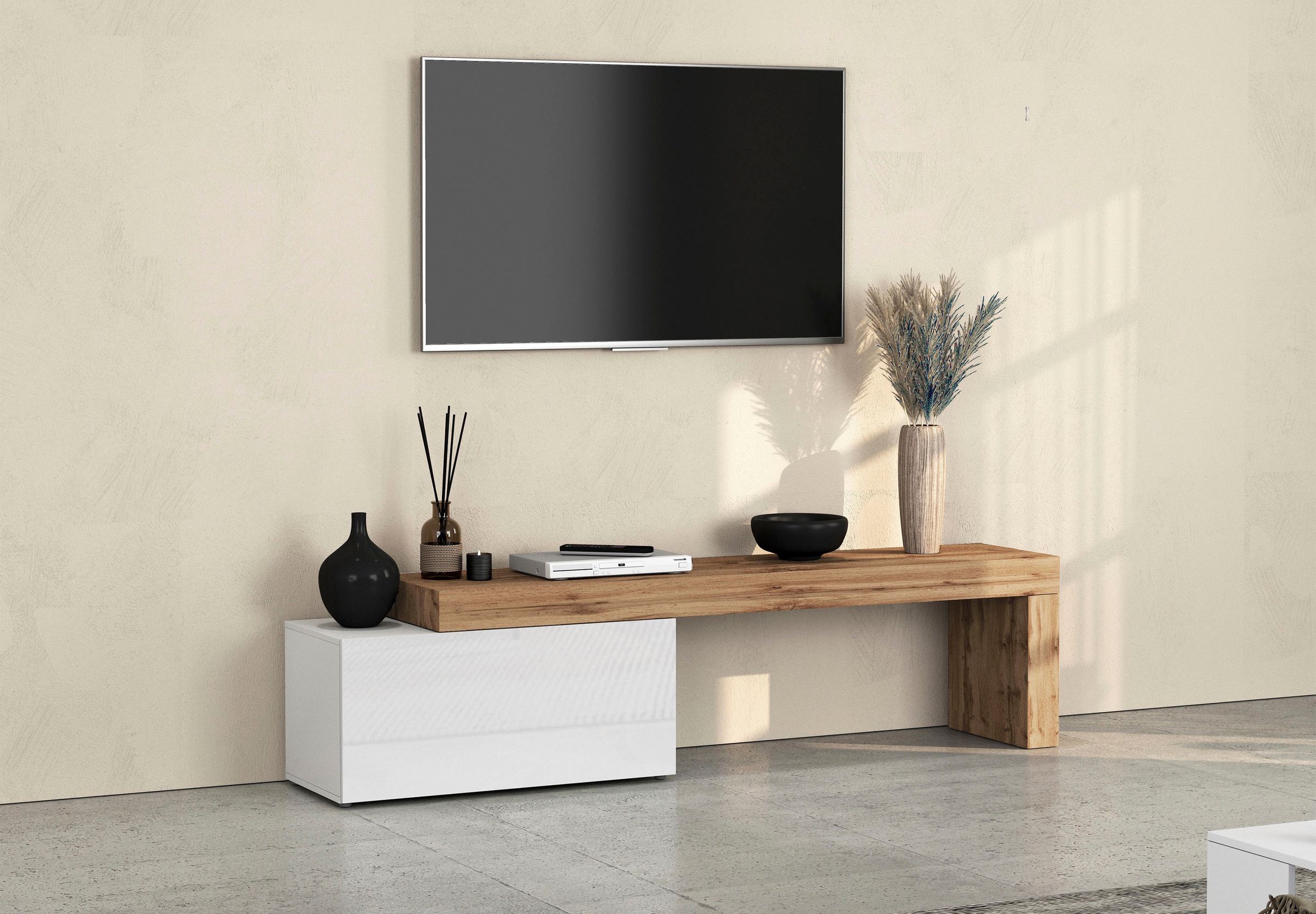 OTTO home Lowboard "Lowboard Chronos TV-Board, TV-Schrank" Spar-Set, Breite verstellbar von 180 bis 260 cm, 1 Stk. tlg. Breite 220 cm TV-Board,Lowboard,1 Klappe und ein L-Förmiger Aufsatz