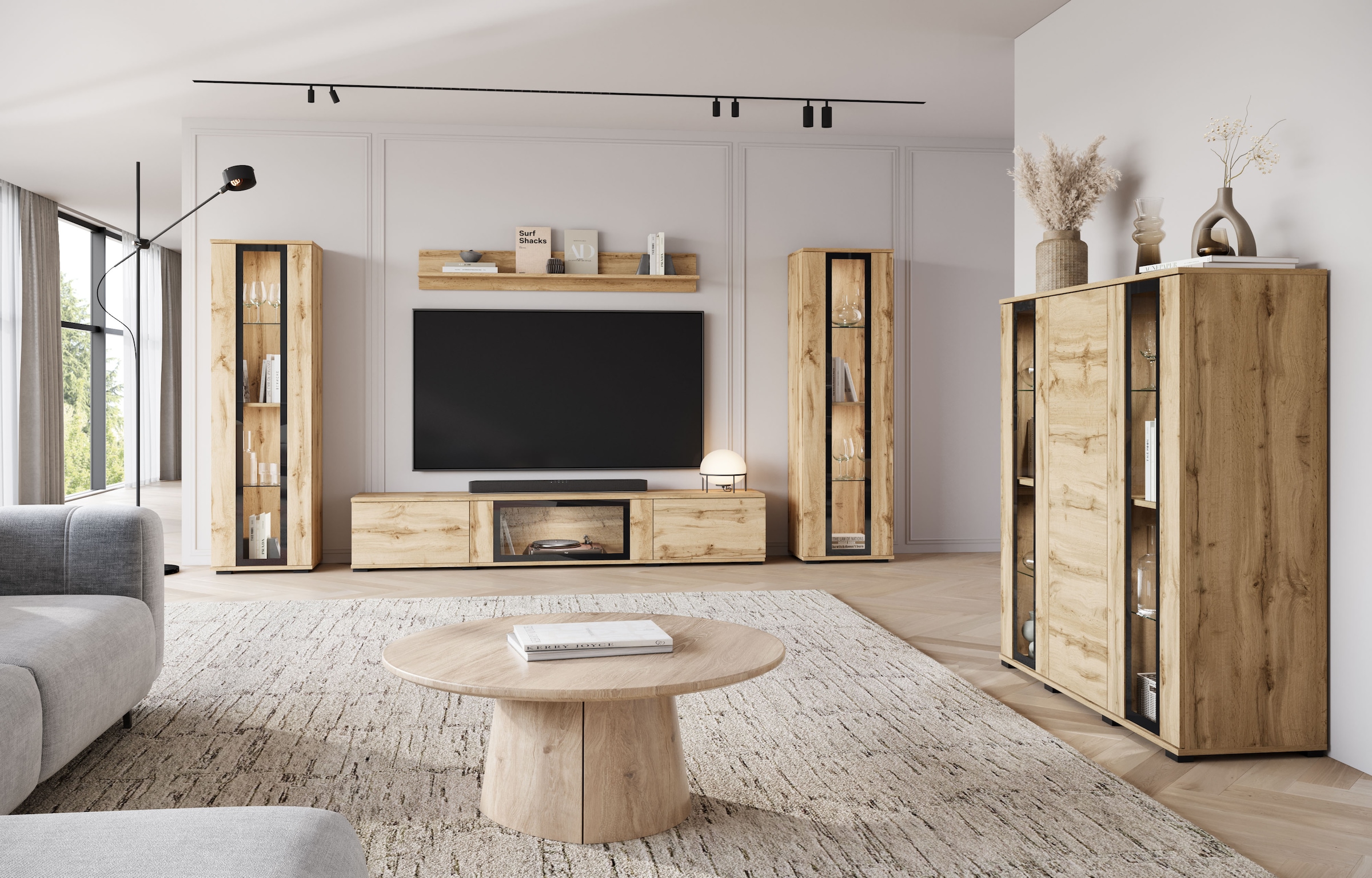 INOSIGN Wohnwand »Caro, stehend und hängend montierbar«, (Komplett-Set, 4 St., Vitrine Türanschlag links/rechts wechselbar), grifflose Design, höhenverstellbare Einlegeböden