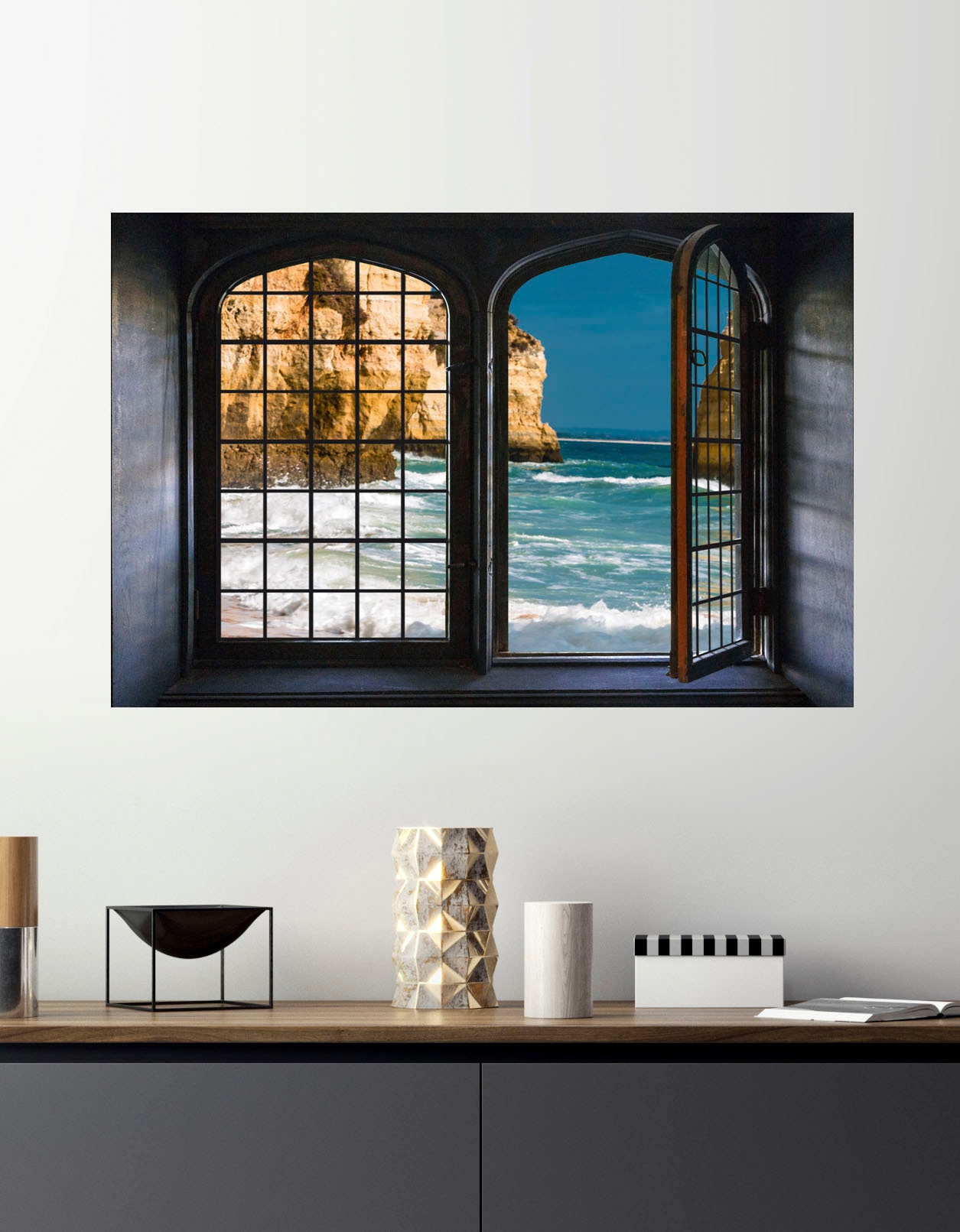 queence Wandsticker »Fels im Meer«, Wandsticker, Wandbild, selbstklebend, 3D, Fenster