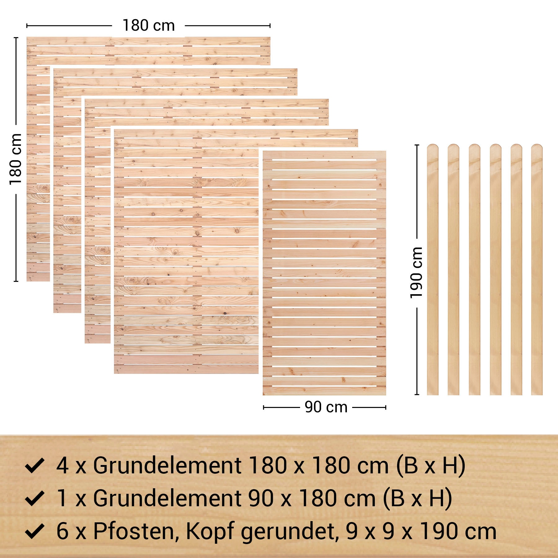 BM Massivholz Zaun »Kurt Set 4.1«, 4 Elemente 180 x 180cm, 1 Element 90x180cm, 6 Pfosten, Länge 190cm