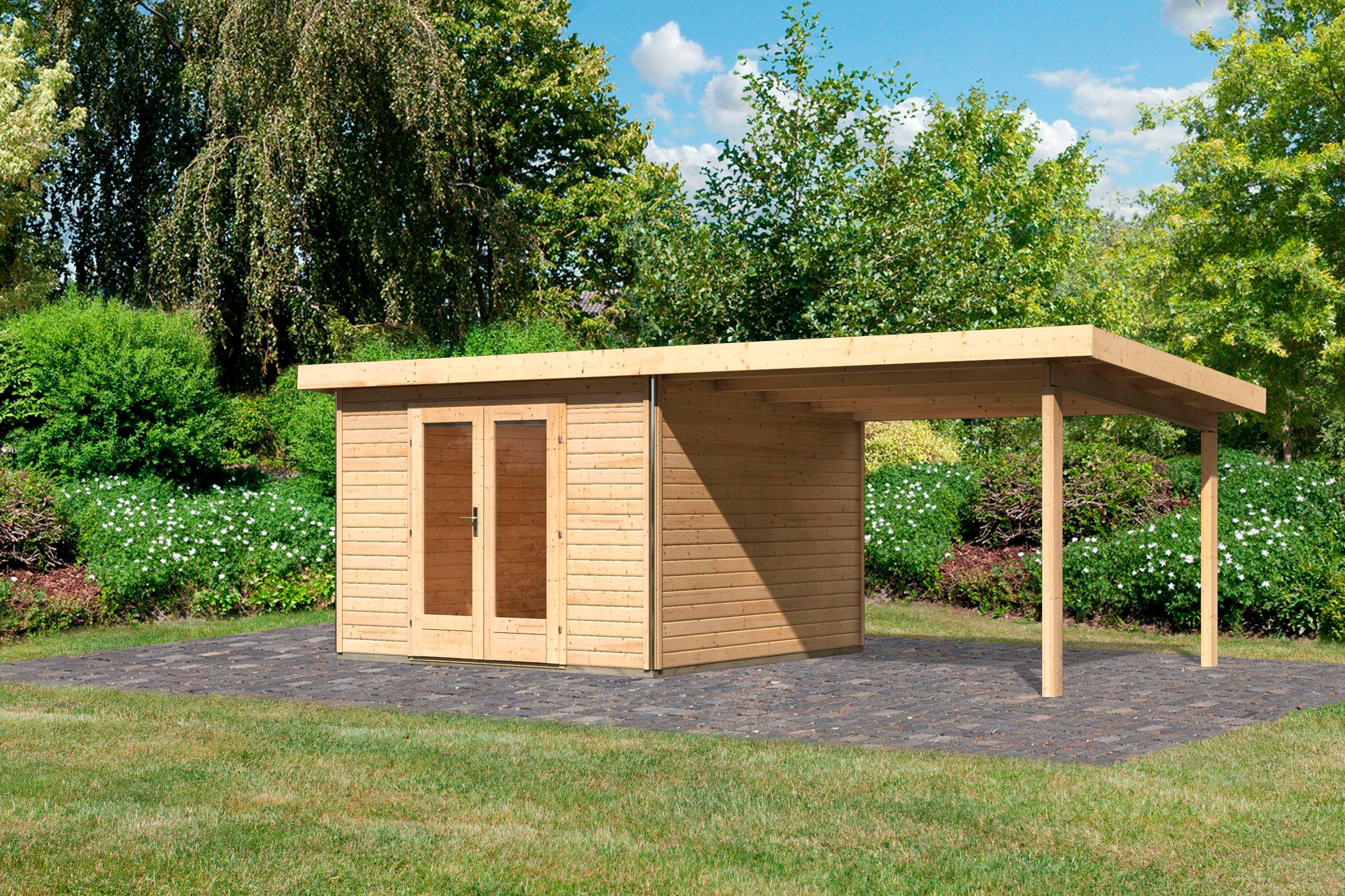 Karibu Gartenhaus "Rabensee 1" mit Anbaudach 3,30 m, naturbelassen günstig online kaufen